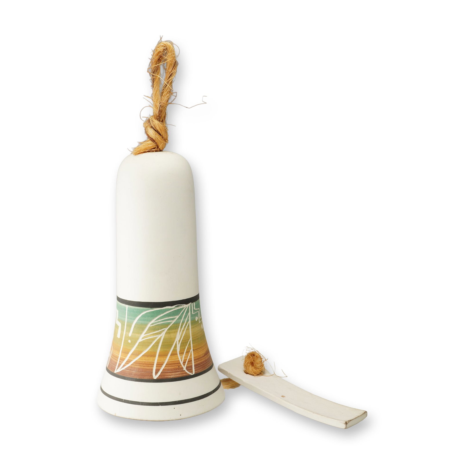Navajo Incised Pottery Bell: Handcrafted Navajo pottery bell with a matte white surface, decorated with a band of incised geometric and leaf motifs over a multicolor gradient ground in warm earth tones. The bell features a rope h