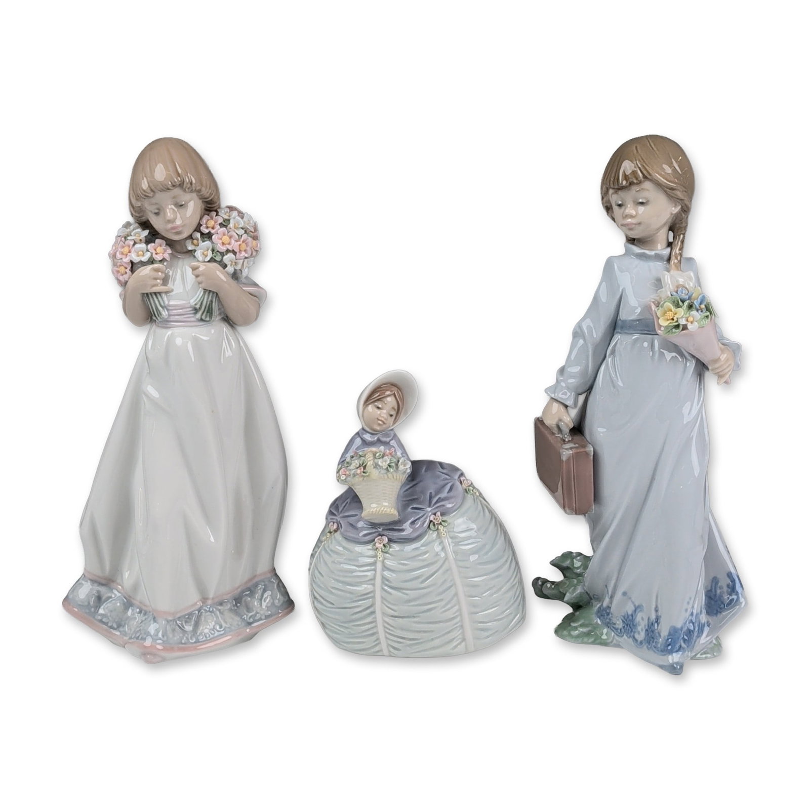 3pc Lladro Porcelain Figurines, Spring Bouquets 01007603, School Days 01007604 & Petite Maiden (1 of 3)