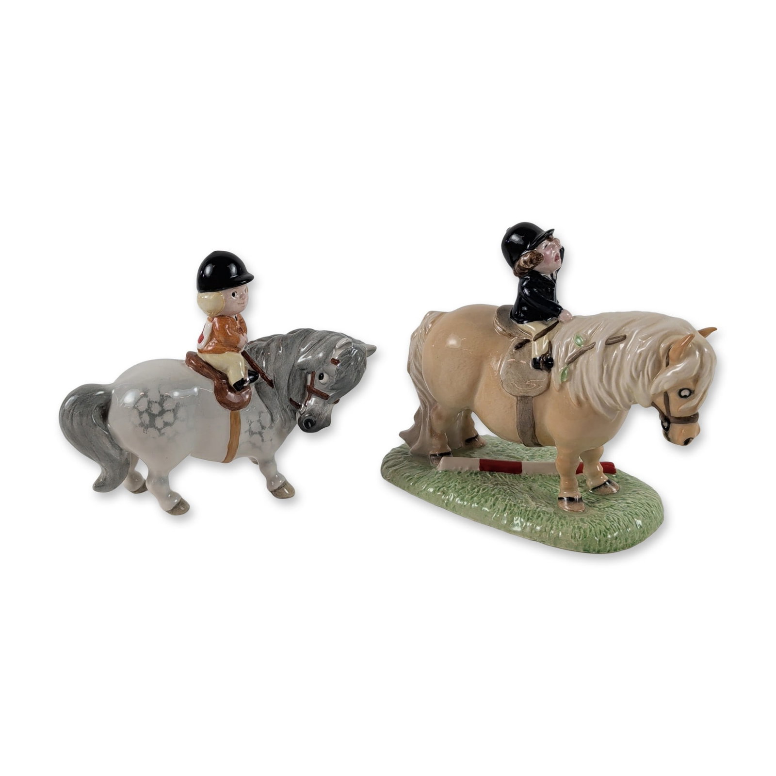 Two Royal Doulton and Beswick Thelwell Pony Figurines: Royal Doulton and John Beswick. Two equestrian figurines in glazed porcelain after the cartoons of Norman Thelwell. Includes a Royal Doulton limited edition titled Losing Hurts, depicting a palomino p