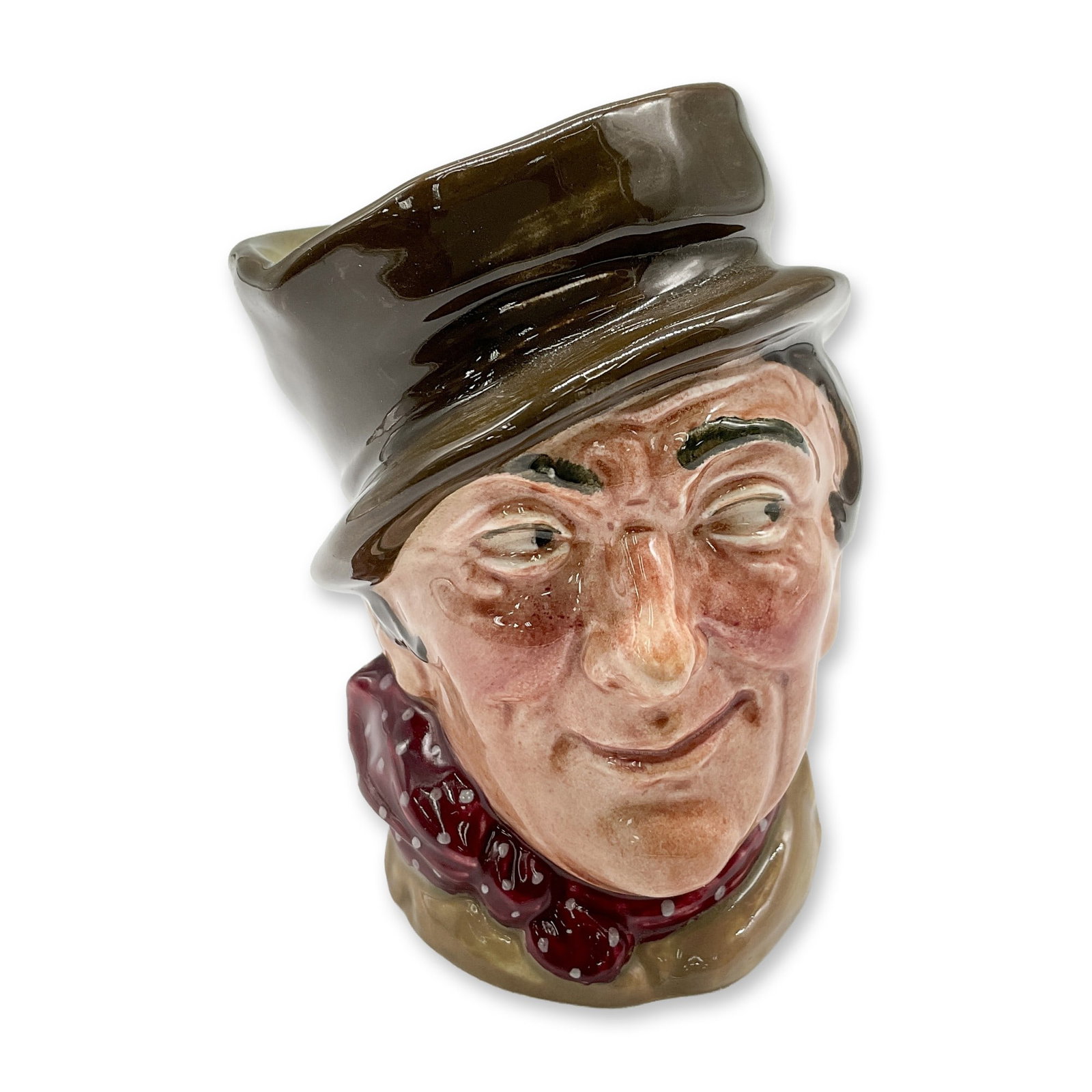 Sam Weller D5841 - Small - Royal Doulton Character Jug: Dark brown hat; light brown coat; red kerchief with white sports. Royal Doulton backstamp. Artist: Leslie Harradine and Harry Fenton Dimensions: 3.25"H Date or Era: 1948 - 1960 Manufacturer or Brand: 