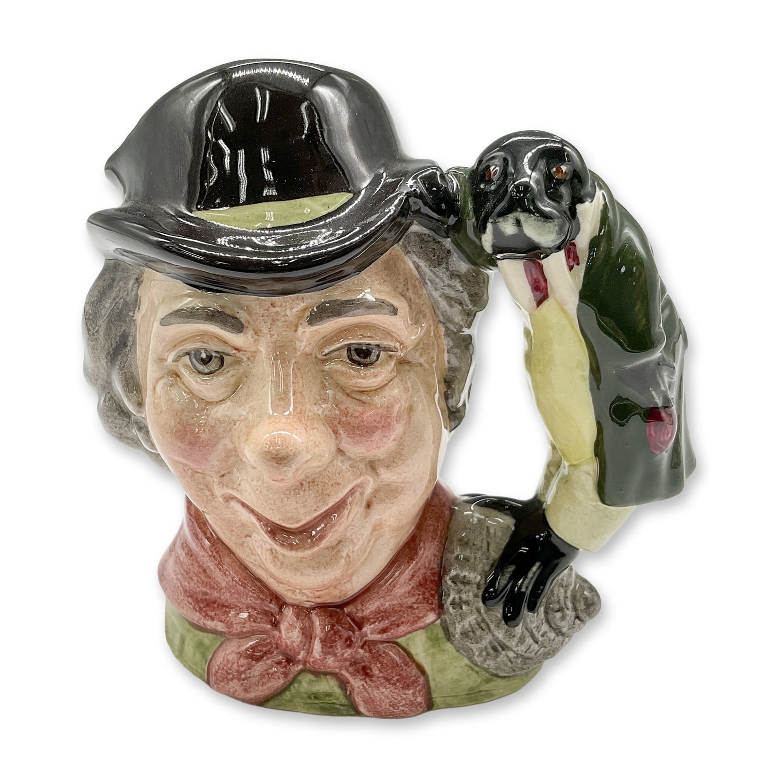 Walrus and Carpenter D6604 Small Royal Doulton Character Jug: Black hat with yellow band, dark grey hair; pink neckerchief with yellow dots; Walrus wears green coat, yellow waistcoat and cream pants. Royal Doulton backstamp. Artist: Max Henk Dimensions: 3.25"H D