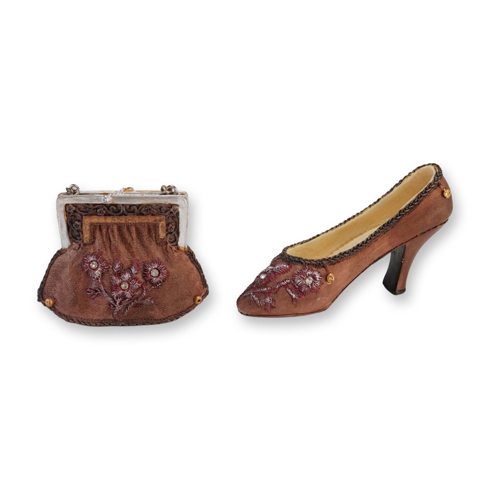 2pc Miniature High-Heeled Shoe and Matching Handbag Figurines: This coordinated set of two decorative miniatures includes a purse and shoe featuring a mid-20th-century fashion aesthetic. The items are crafted from a painted composite or resin material textured