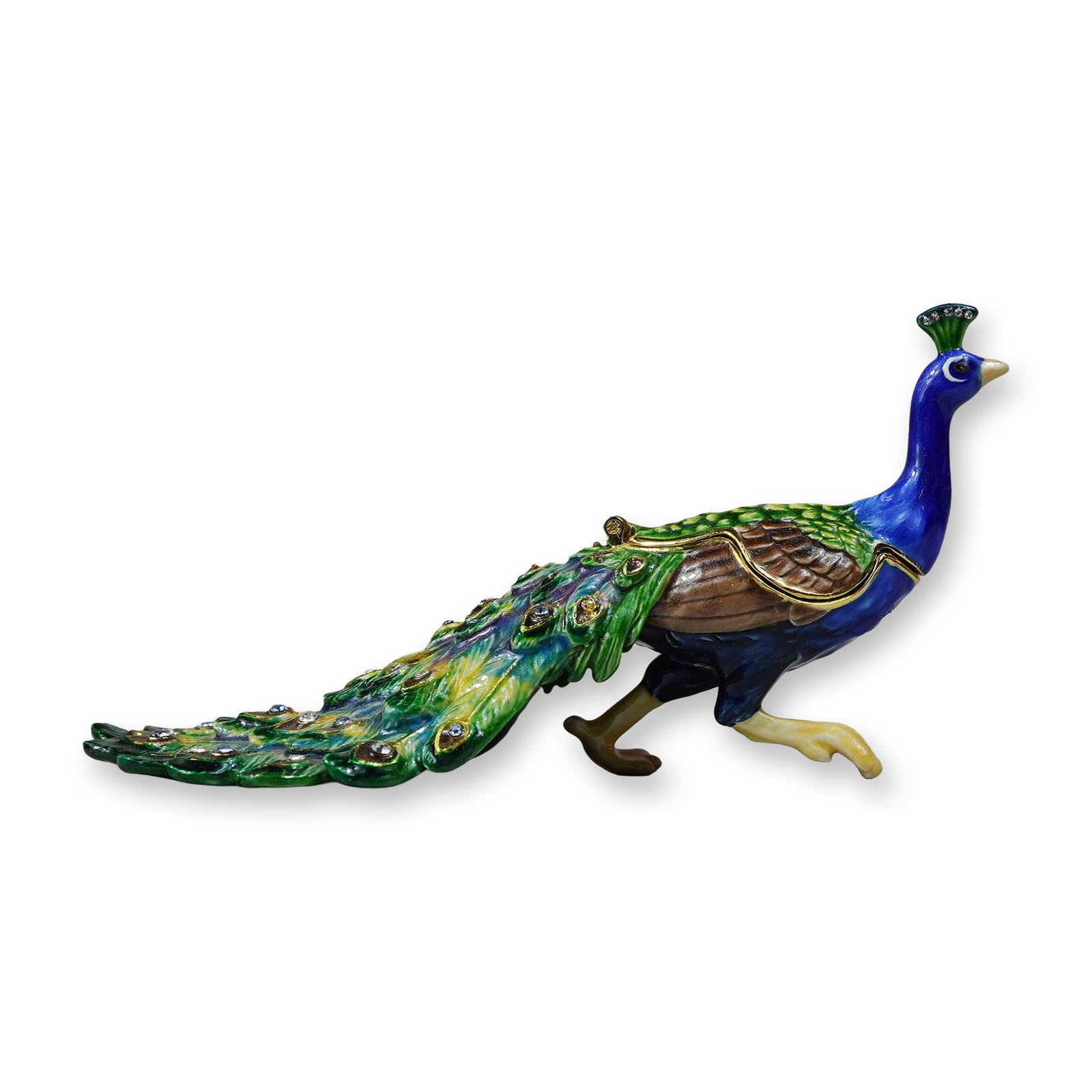 Two Bejeweled and Enameled Peacock Items: A bejeweled and enameled peacock trinket box and matching necklace set. The items are crafted from metal and decorated with multi-colored enamel in shades of cobalt blue, green, and brown. The peacock