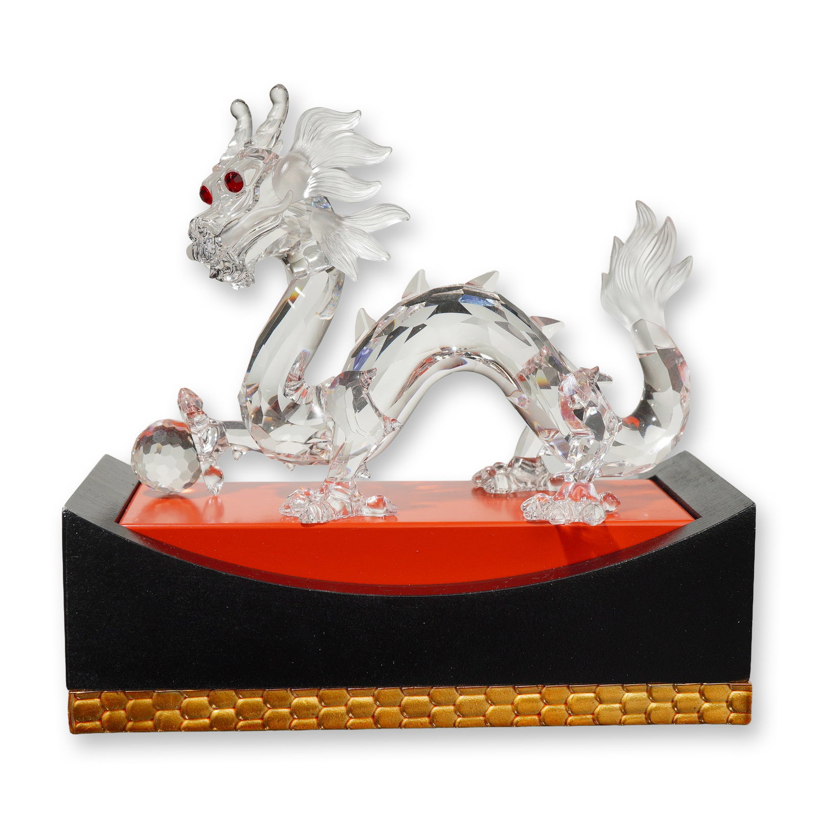 2pc Swarovski Crystal 1997 SCS Annual Edition Figurine, The Dragon with Base: Swarovski Crystal Society (SCS) 1997 Annual Edition lead crystal figurine titled The Dragon, part of the Fabulous Creatures trilogy. The piece is crafted in faceted clear crystal with frosted crystal