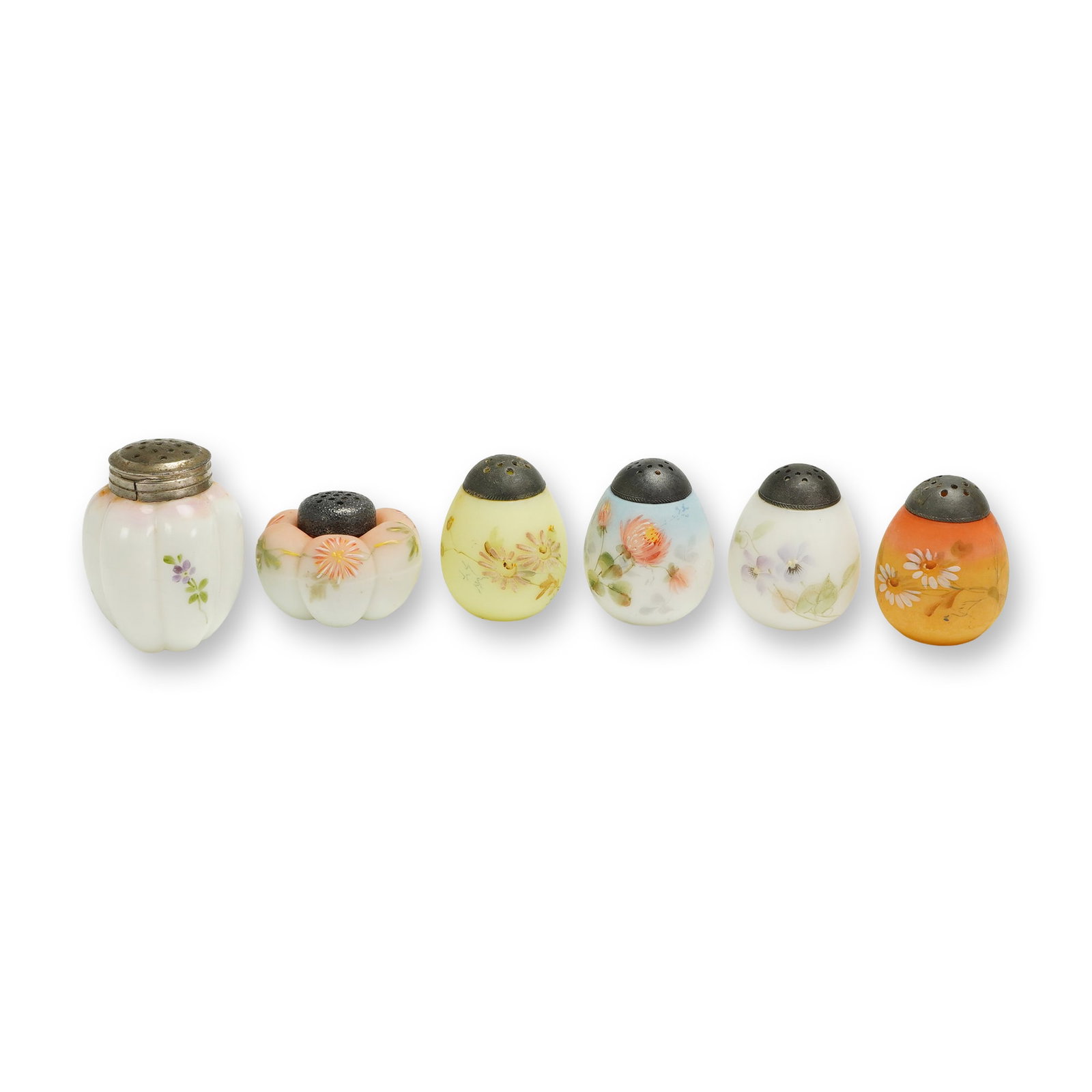 A Collection of Six Mt. Washington Enameled Art Glass Salt Shakers: A collection of six late Victorian or early Edwardian salt shakers attributed to Mt. Washington. The set comprises two fluted 'pumpkin' form shakers and four traditional egg-shaped shakers, constructe