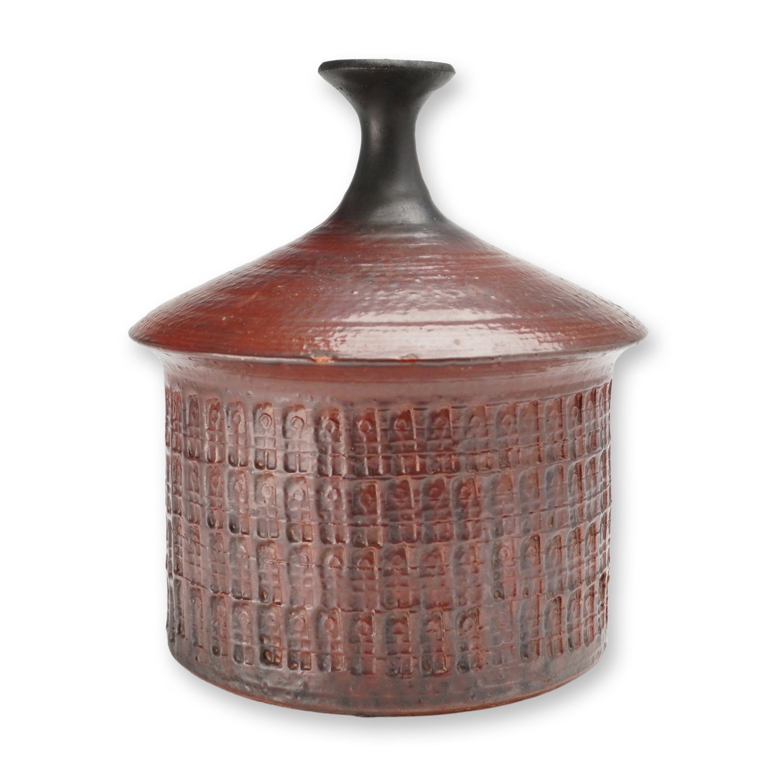Wedgwood George Wren Studio Ceramic Vase with Grid Pattern: This is a Wedgwood ceramic vase designed by George Wren, featuring a mid-century studio aesthetic. The vessel consists of a cylindrical body with a small neck with a flared circular top. The exterior 