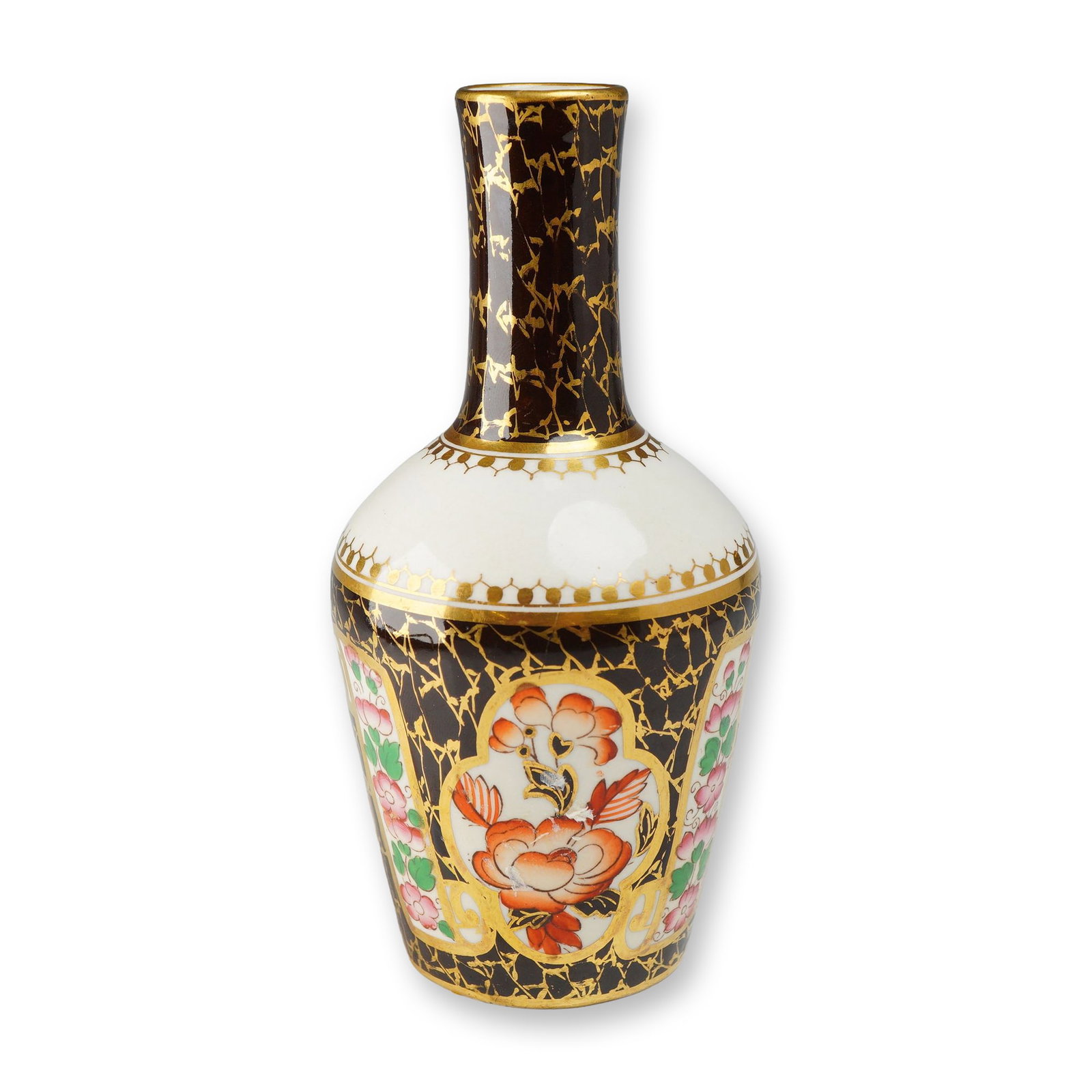 Wedgwood Bone China Imari Style Bottle Vase: This fine bone china bottle vase is manufactured by Wedgwood and decorated in the Imari style, dating to approximately 1870. The vessel features a tall, slender neck and a tapering ovoid body. The ext