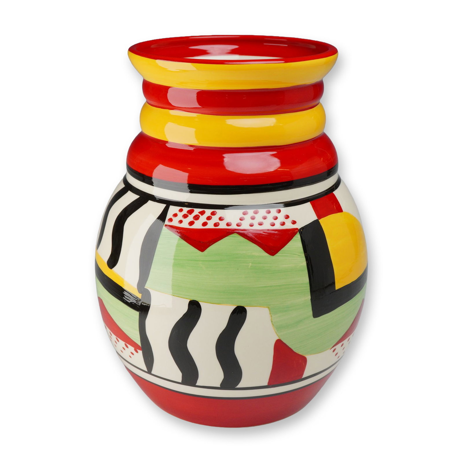 Wedgwood Clarice Cliff Collectors Club, The Art of Bizarre 2000 Collection Hand-Painted Vase: A Wedgwood earthenware vase produced for the Clarice Cliff Collectors Club as part of The Art of Bizarre 2000 Collection. This item is a contemporary hand-painted reproduction based on an original Art
