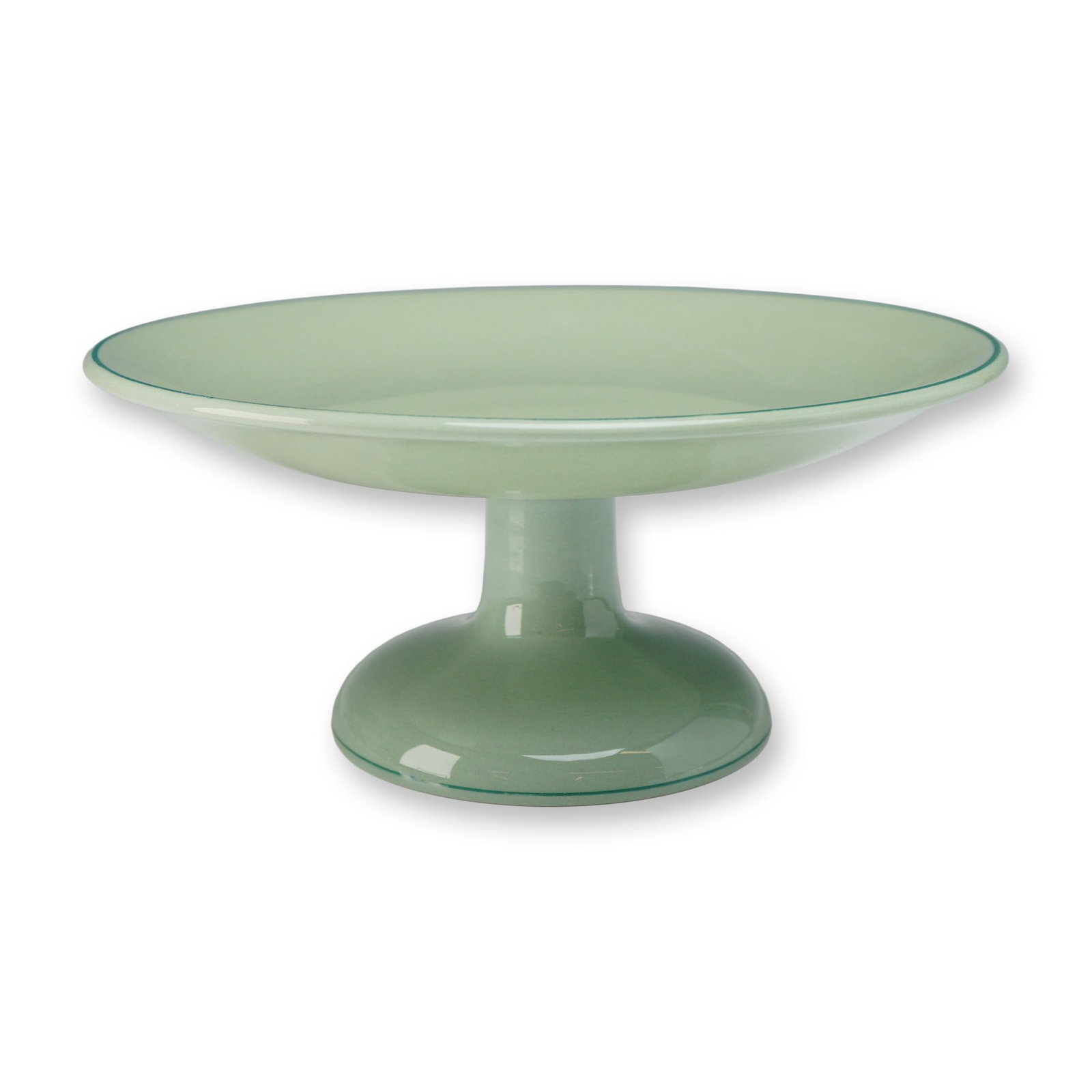 Wedgwood Orient Line Celadon Ceramic Pedestal Bowl circa 1932: This ceramic pedestal bowl was manufactured by Wedgwood at the Etruria factory in England specifically for the Orient Line (Orient Steam Navigation Company). The piece is made of earthenware finished 