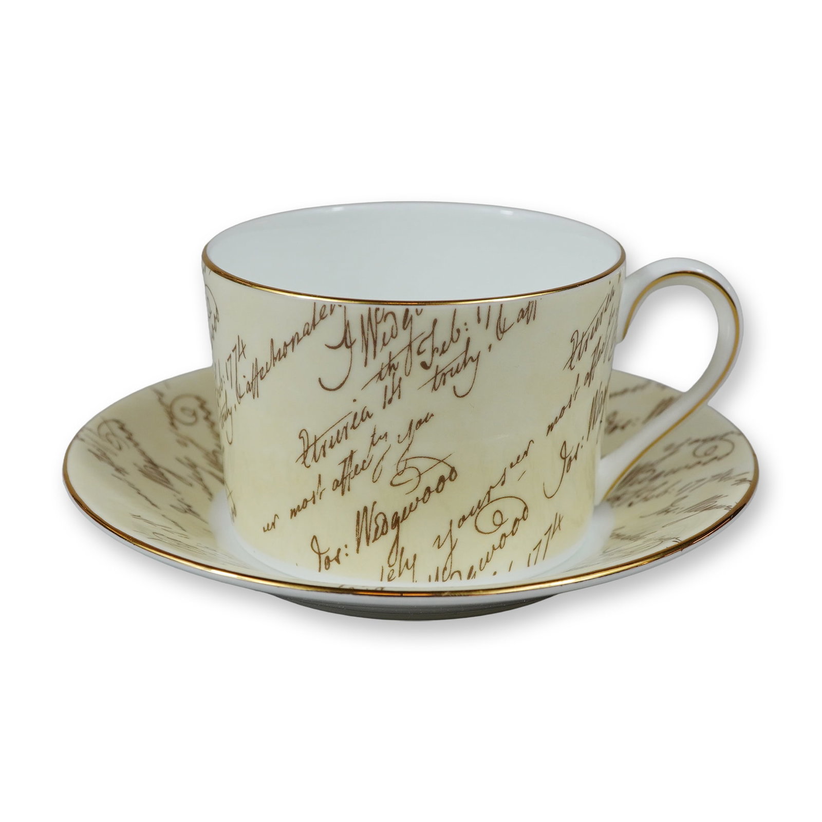 2pc Josiah Wedgwood Bicentenary Celebration Bone China Cup and Saucer: This Wedgwood bone china cup and saucer set was manufactured in England in 1995 to commemorate the 200th anniversary of the death of the company founder, Josiah Wedgwood. The design features an all-ov