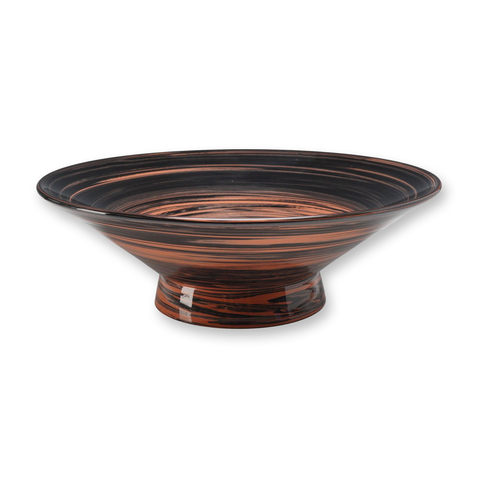 Wedgwood Swirl Pattern Glazed Bowl: A large glazed ceramic centerpiece bowl featuring the Wedgwood Swirl pattern. The bowl is decorated with a rhythmic, marbled design composed of alternating concentric bands of deep black and terracott