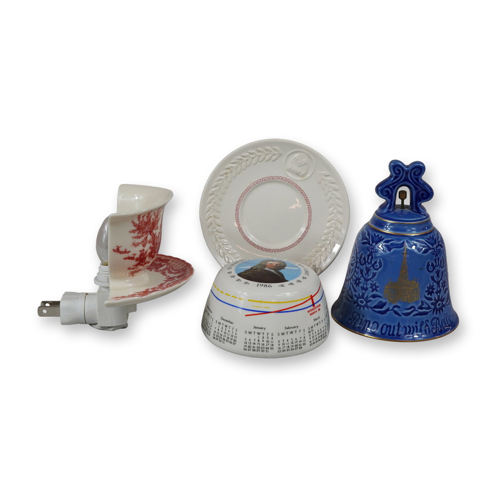 4pc Wedgwood and Bing and Grondahl Porcelain Items: A collection of four ceramic items featuring commemorative pieces from Wedgwood and Bing and Grondahl, along with a repurposed decorative item. All items include a circular silver provenance sticker
