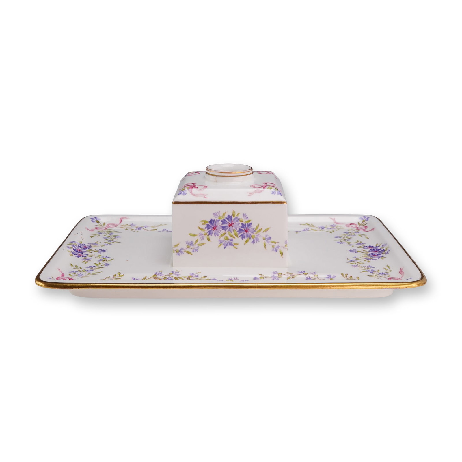 2pc Rare Wedgwood England Porcelain Inkstand Set with Removable Liner and Pen Tray: This Wedgwood England porcelain inkstand set includes a rectangular pen tray with a recessed center, a square-form inkwell housing, and a removable cylindrical ink liner cup. The set is made of white 