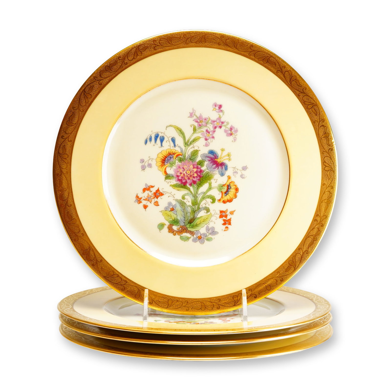 Heinrich & Co. Selb Bavaria Pickard 22K Gold Dinner Plates: This set of four fine white porcelain plates represents a collaboration between German manufacturing and American artistry. Produced by Heinrich & Co. in Selb, Bavaria, and decorated by the renowned P