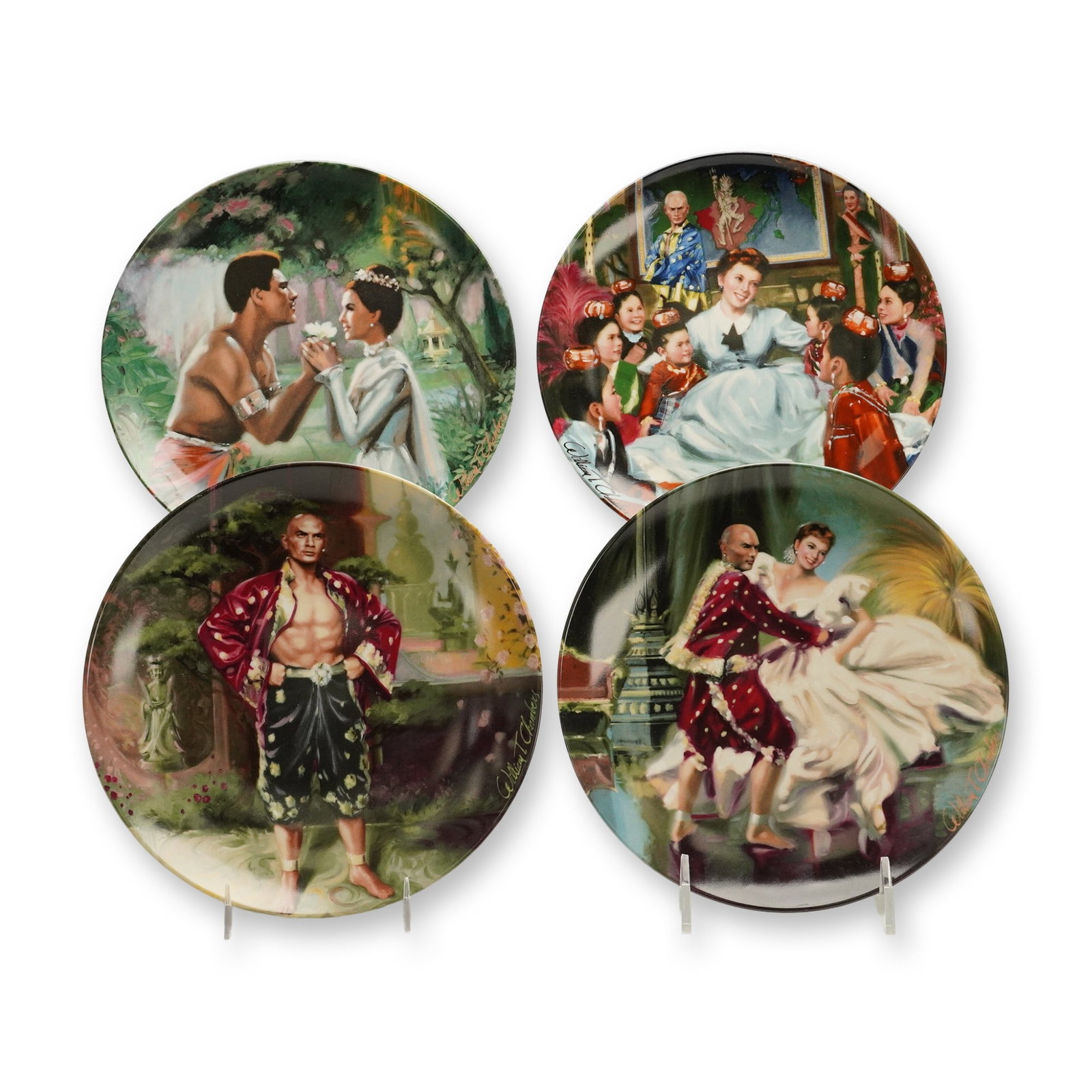4pc Edwin M. Knowles King and I Plates by William Chambers: A 4-piece set of collectible fine china plates from the King and I series, each painted by artist William Chambers and released by Edwin M. Knowles in 1985. These 8.5" plates commemorate the legendary
