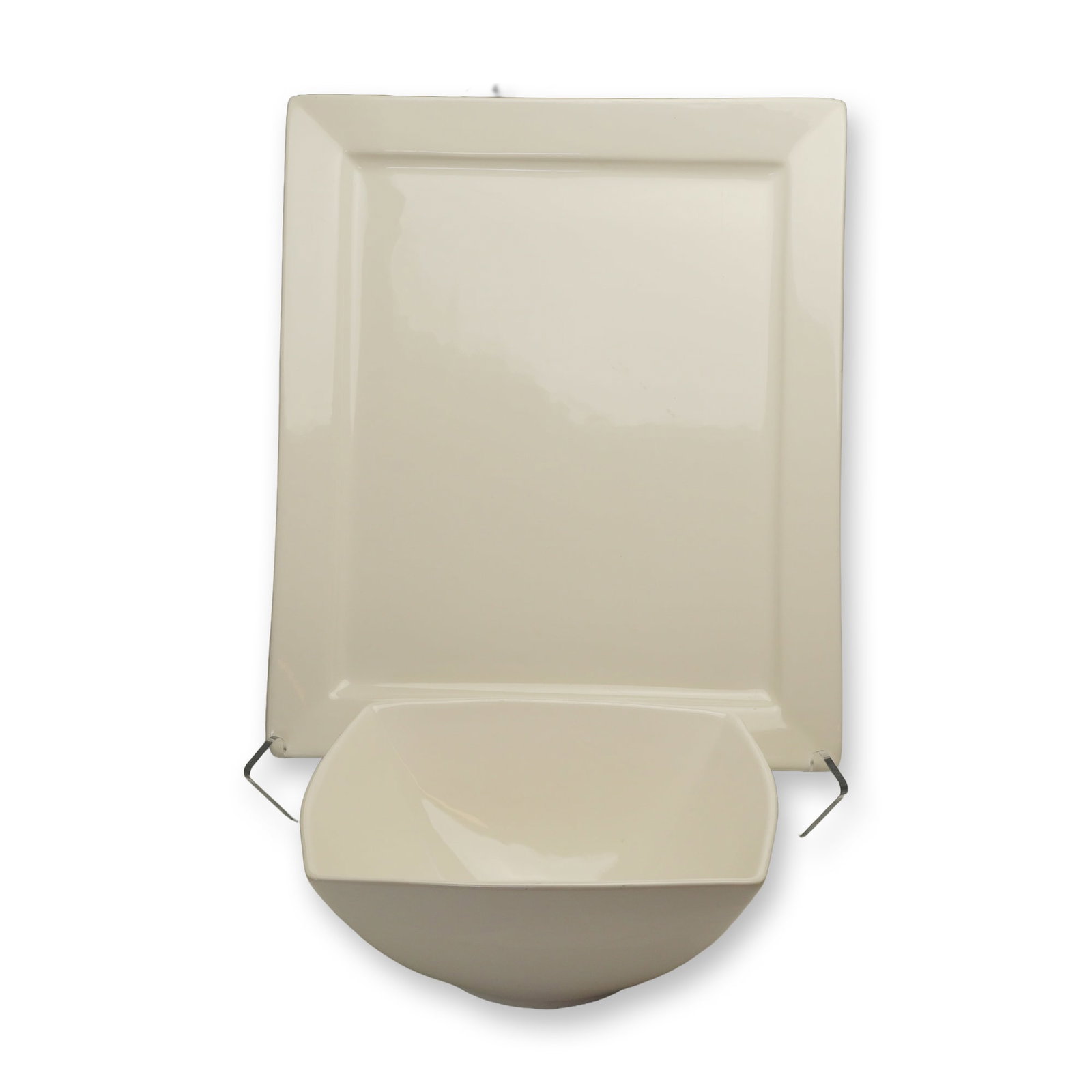 2pc 10 Strawberry Street Platter and Serving Bowl: The pieces are constructed of ceramic with a glossy off-white glaze. The rectangular 17.5" tray bears the manufacturer mark for 10 Strawberry Street on the underside. The square-rimmed bowl is