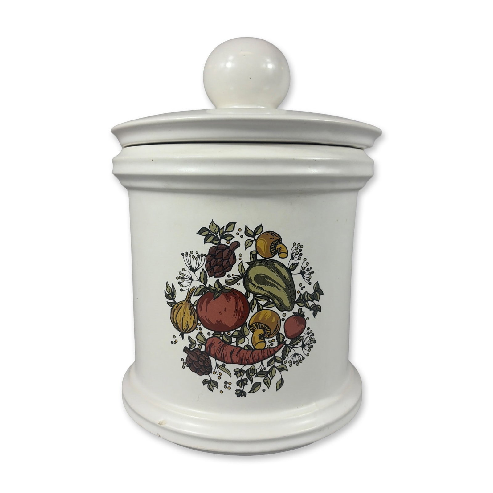 McCoy Pottery Spice Delight Ceramic Utility Canister: McCoy Pottery earthenware storage canister in the Spice Delight pattern. This piece features a cream-colored glazed cylindrical body with a flared rim and base, decorated with a colorful