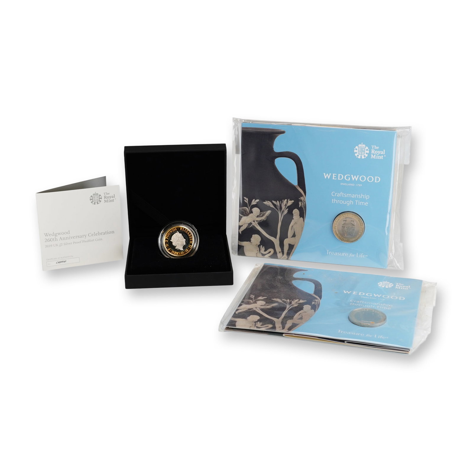 3pc 2019 UK Wedgwood 260th Anniversary 2 Pound Coins including Silver Proof Piedfort: Three United Kingdom coins issued by The Royal Mint in 2019 commemorating the 260th anniversary of Wedgwood. The collection features one 2019 UK 2 pound silver proof piedfort coin and two 2019