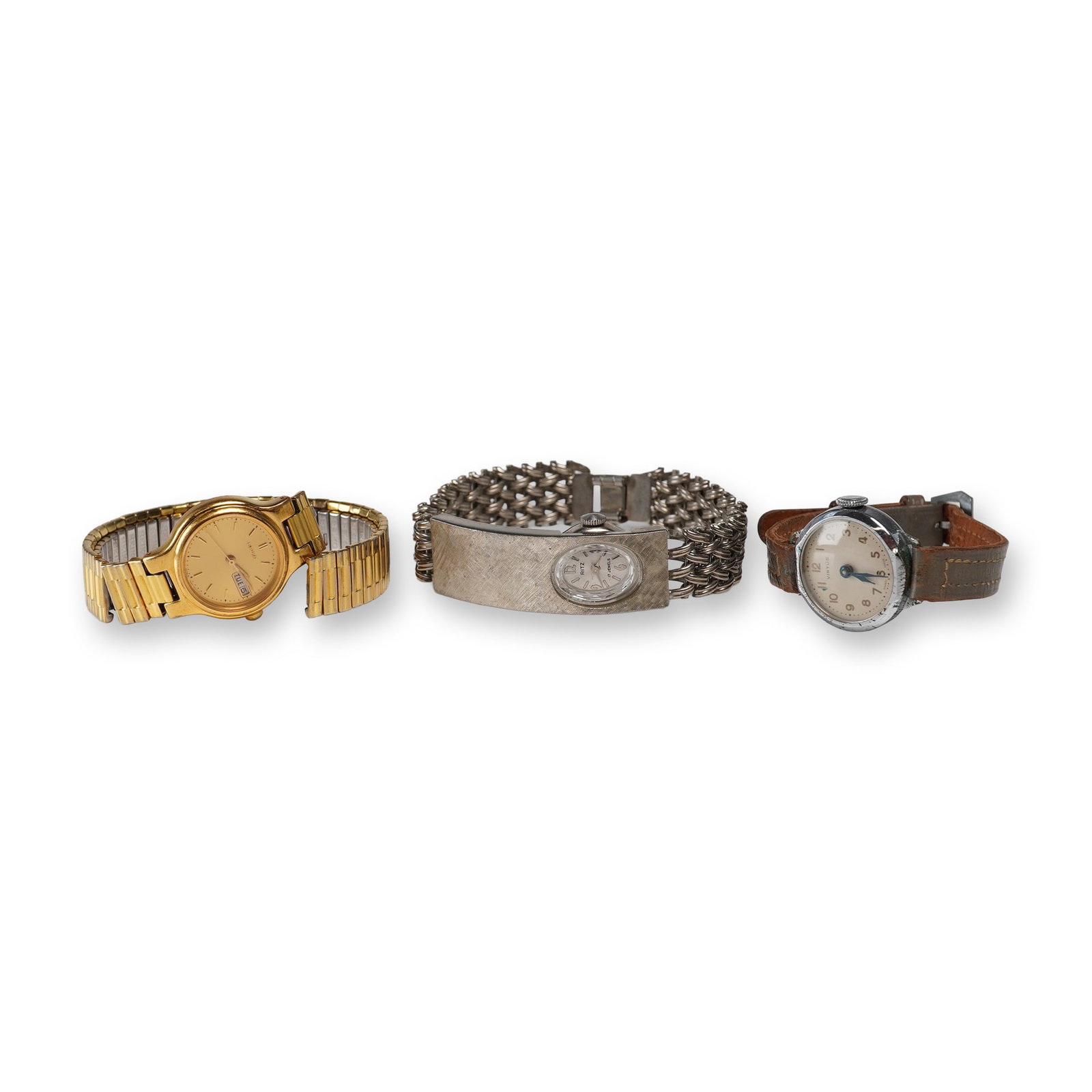 3pc Women Wristwatches Including Seiko, Ritz, and Virtus: This lot features three watches including a Seiko Quartz Day-Date, a Ritz 17-jewel manual wind, and a Virtus manual wind. The Seiko features a gold-tone base metal case with a stainless steel back and
