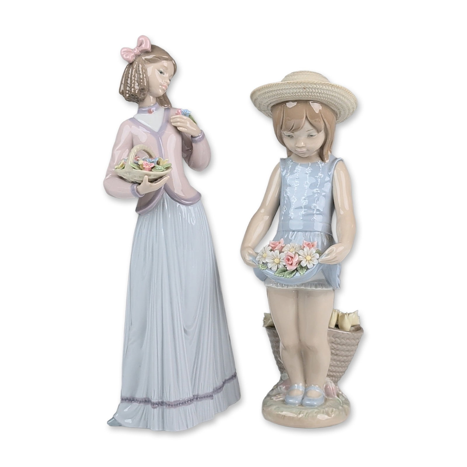 2pc Lladro Porcelain Figurines, My Flowers 01001284 & Innocence in Bloom 01007644: Two glazed polychrome porcelain figurines by Lladro. The first, My Flowers (model 1284), depicts a girl in a blue sleeveless dress and straw hat standing before a tall woven basket filled with flowers