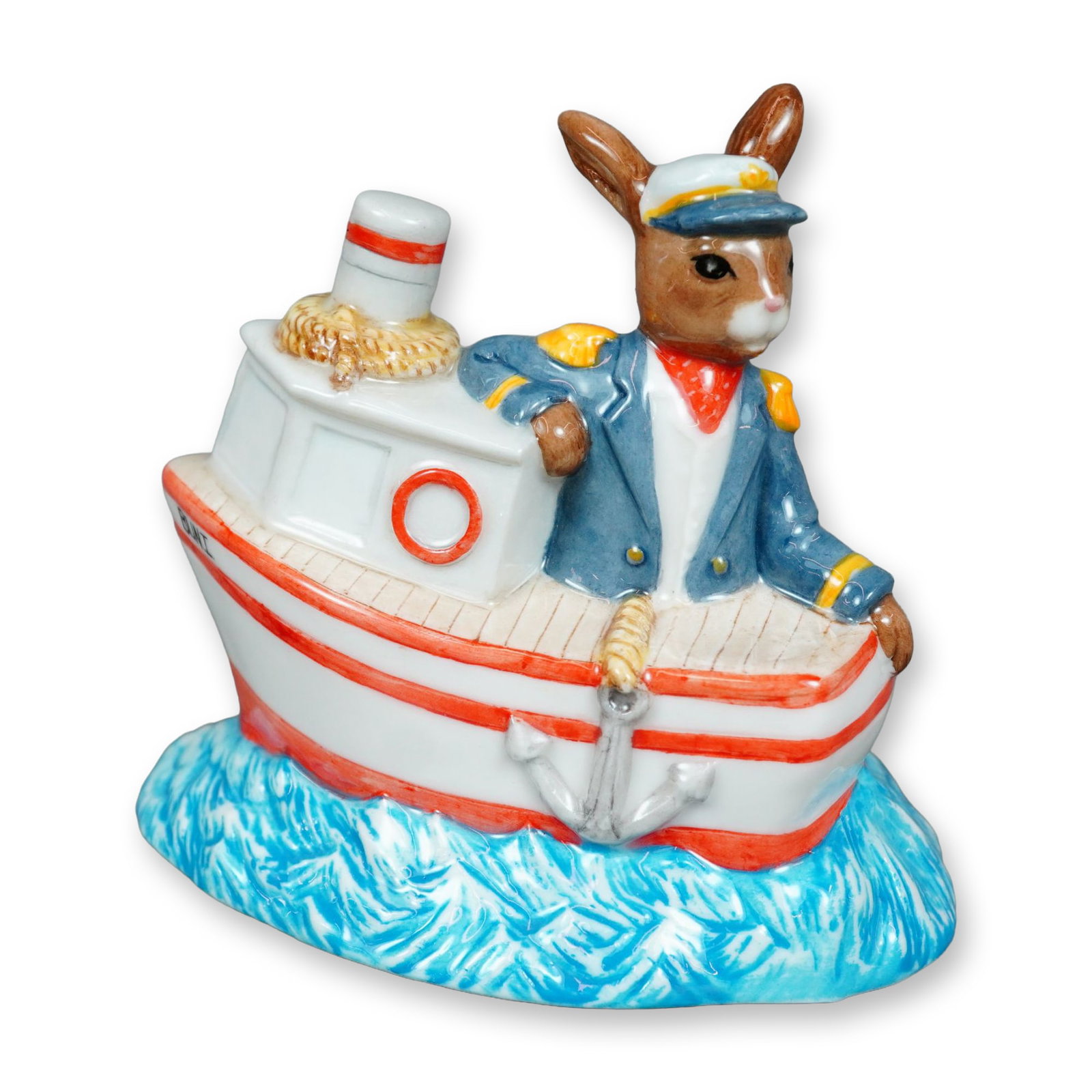 Royal Doulton Bunnykins Limited Edition Figurine, Ships Ahoy DB279: Depicts a captain bunny sailing on his red and white ship. Royal Doulton Bunnykins backstamp along with worldwide edition number 399 of 2000. Dimensions: 4.25"L x 4.25"H Date or Era: 2004 Edition Numb