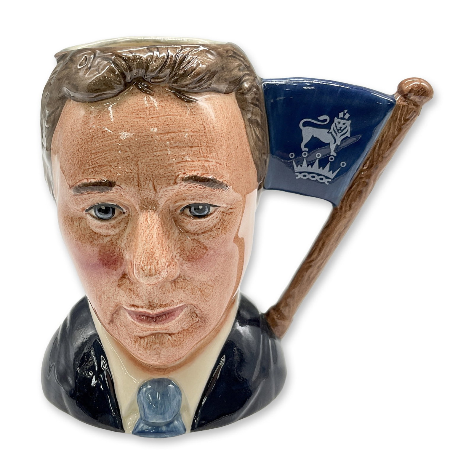 Sir Henry / Michael Doulton D6921 Small Jug: Henry- Grey hair; yellow cravat; Michael- Brown hair; dark blue suit; white shirt; light blue tie. Royal Doulton backstamp. Artist: William K. Harper Dimensions: 4.5"H Date or Era: 1992 Manufacturer o