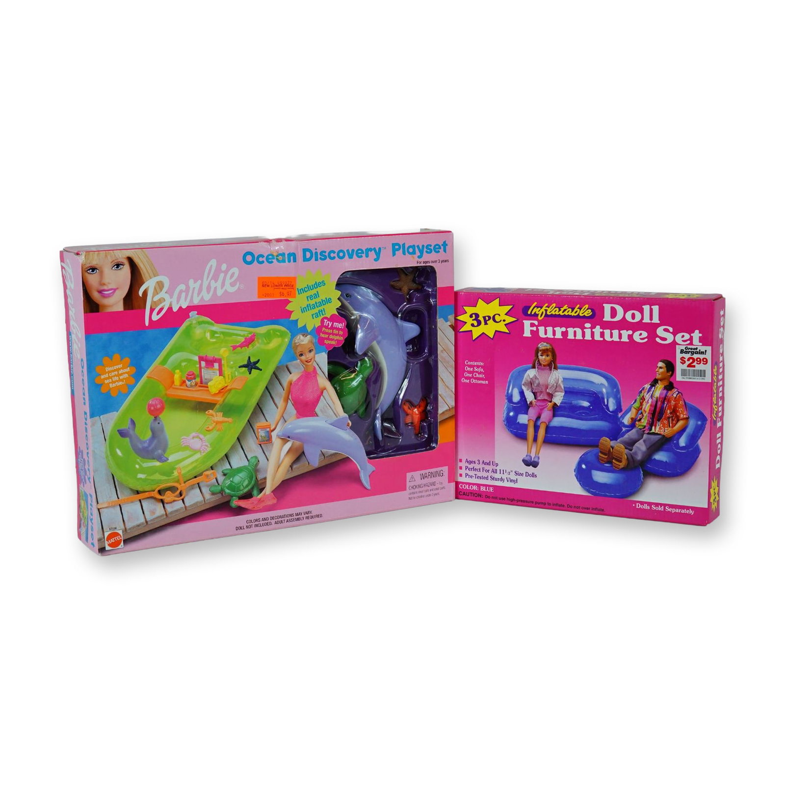 A Pair of Mattel Barbie Ocean Discovery and Tony (U.S.A.) Inflatable Doll Furniture Playsets, circa: This lot features two vintage doll accessory playsets in their original retail packaging. The first is a Mattel Barbie Ocean Discovery Playset, circa 1999. This set is constructed from molded plastic