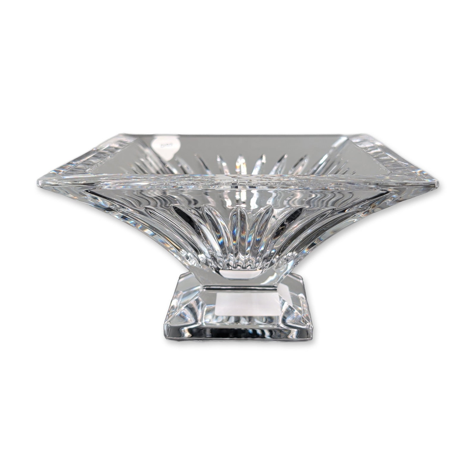 Waterford Clarion Footed Crystal Bowl: Waterford Clarion pattern footed square bowl in lead crystal, made in Ireland. The flared square rim sits above a tapered body decorated with deep vertical fan and flute cuts radiating from the base,