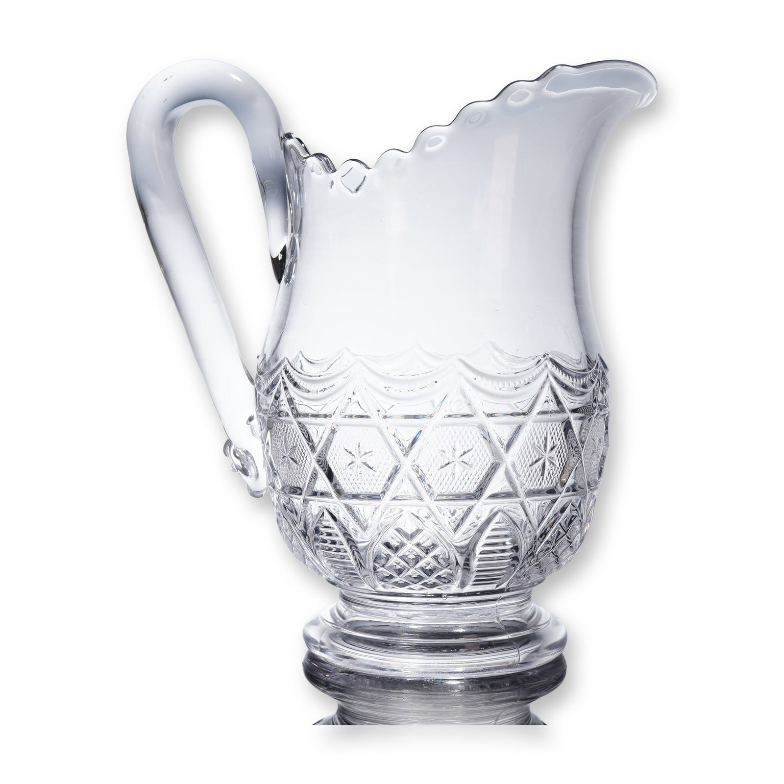 Bryce Brothers EAPG Pitcher Star in Honeycomb Leverne Pattern: An Early American Pressed Glass (EAPG) pitcher by Bryce Brothers featuring the Leverne or Star in Honeycomb pattern. This clear, colorless pressed glass vessel features a flared spout, a high arched