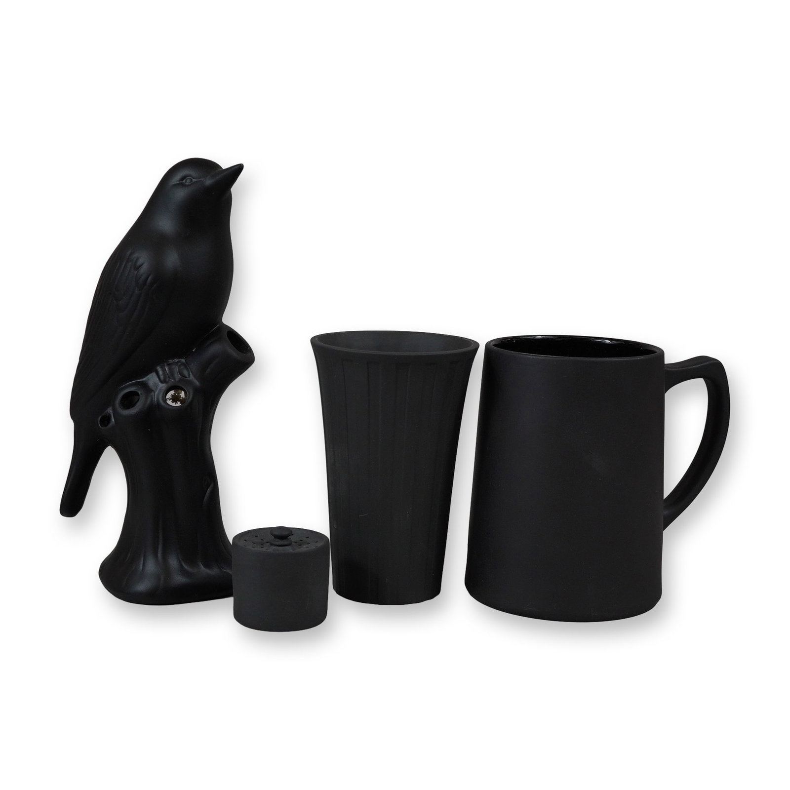 4 Piece Collection of Matte Black Ceramic Tableware Including Wedgwood Night and Day and Chive Bird: This lot features a group of four contemporary matte black ceramic items. The collection includes one Wedgwood Night and Day Jasperware goblet with vertical fluting and one matching cylindrical mug wi