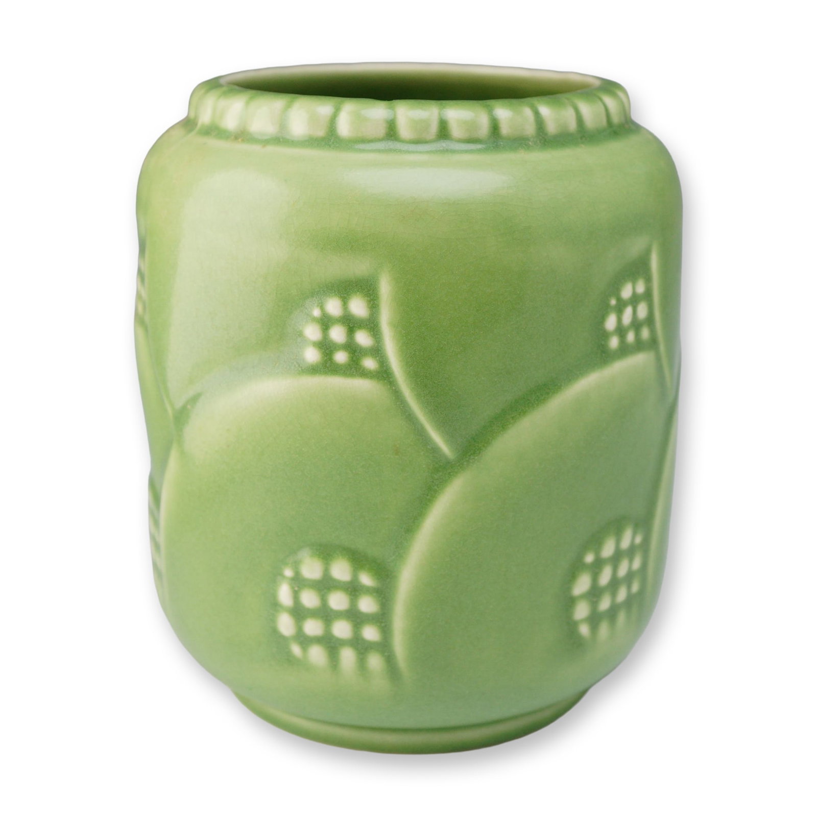 Wedgwood Art Deco Matte Green Glazed Vase, circa 1932: This Wedgwood Art Deco period earthenware vase features a matte green glaze, dating to approximately 1932. The cylindrical form tapers slightly at the shoulder to a constricted neck finished with a mo