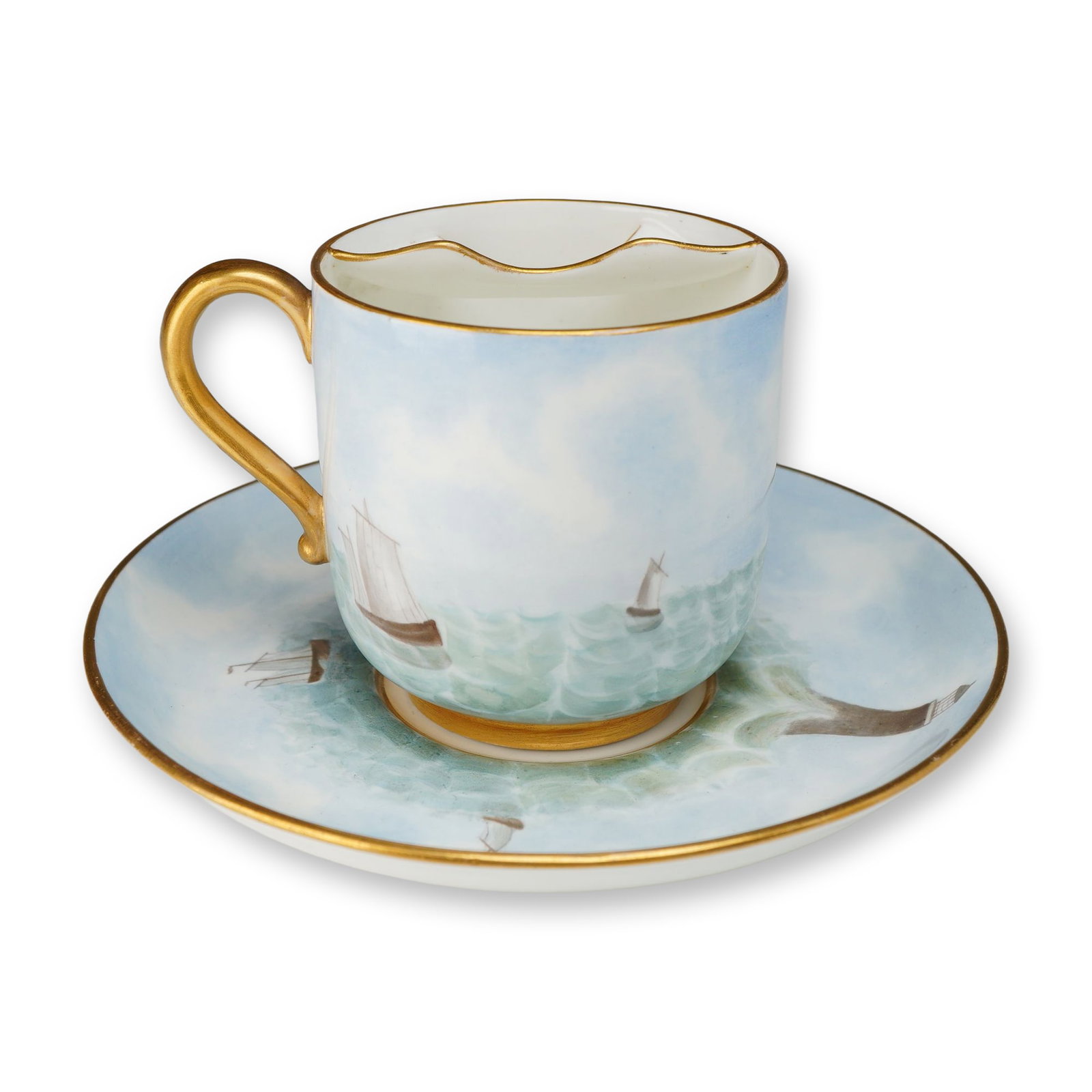 Wedgwood Etruria England Mustache Cup with Saucer: A Wedgwood porcelain mustache cup and saucer set. The mustache cup and saucer feature hand-painted maritime scenes illustrating sailing vessels on a sea-green and blue ocean under a clouded sky. The c