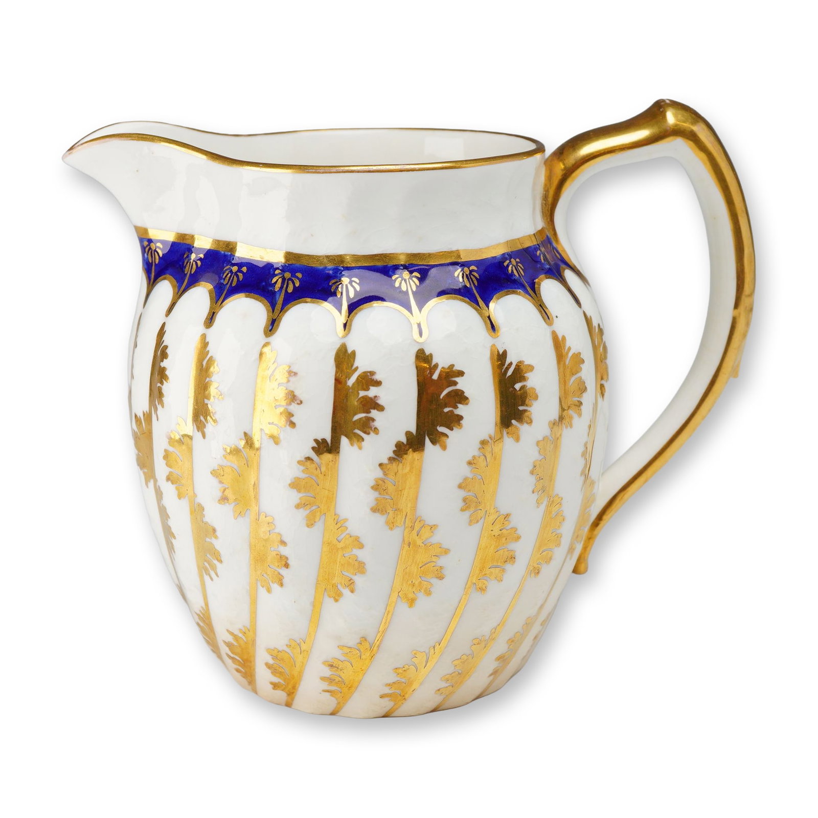 Wedgwood Porcelain Shanked Fluted Jug in the Dutch Shape circa 1878: A Wedgwood porcelain pitcher or cream jug in the Dutch Shape, also referred to as a Shanked Fluted Jug. The vessel features a molded body with spiral ribs decorated with a gold foliage layout. A cobal