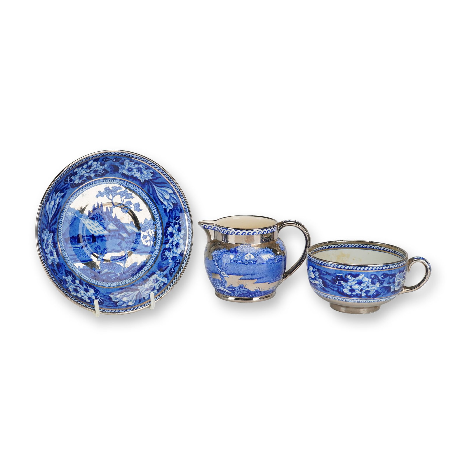 3pc Wedgwood Fallow Deer Blue Transferware and Silver Luster Teacup, Saucer, and Bowl (1 of 3)