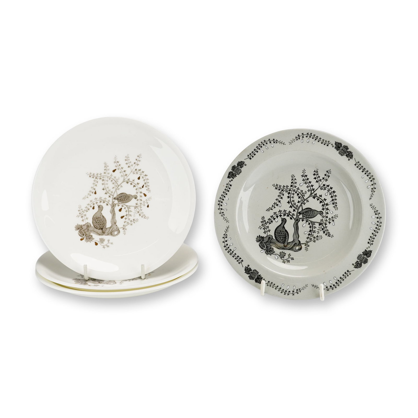 4pc Wedgwood Partridge in a Pear Tree Ceramic Plates: This collection includes four ceramic plates manufactured by Wedgwood in England, featuring the Partridge in a Pear Tree bird pattern design. The group consists of three white bone china dessert plate