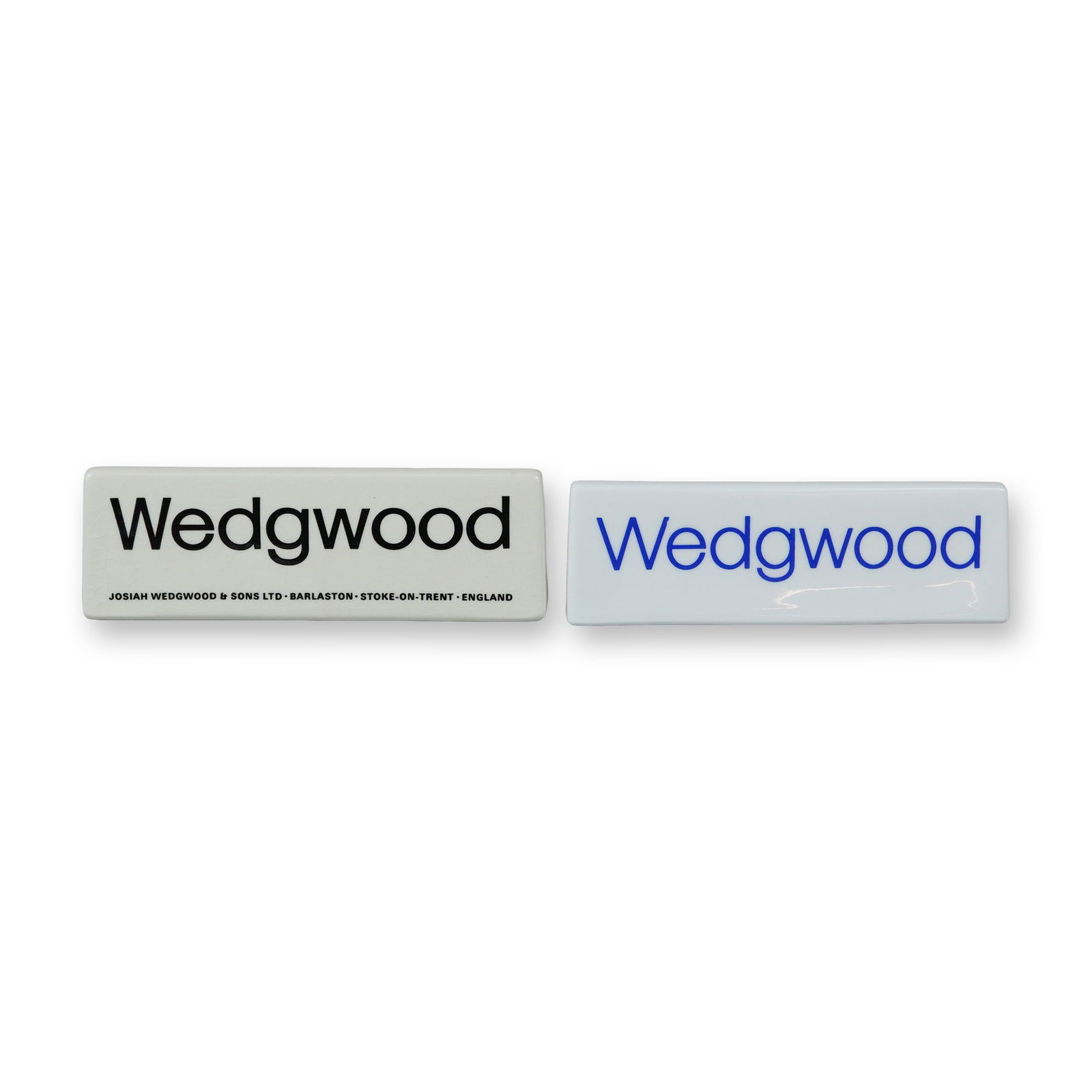 2pc Wedgwood Ceramic Advertising Signs: This pair of ceramic advertising display signs features the branding of the British pottery firm Wedgwood. The first sign is crafted from creamware earthenware and features a rectangular, hollow-cast