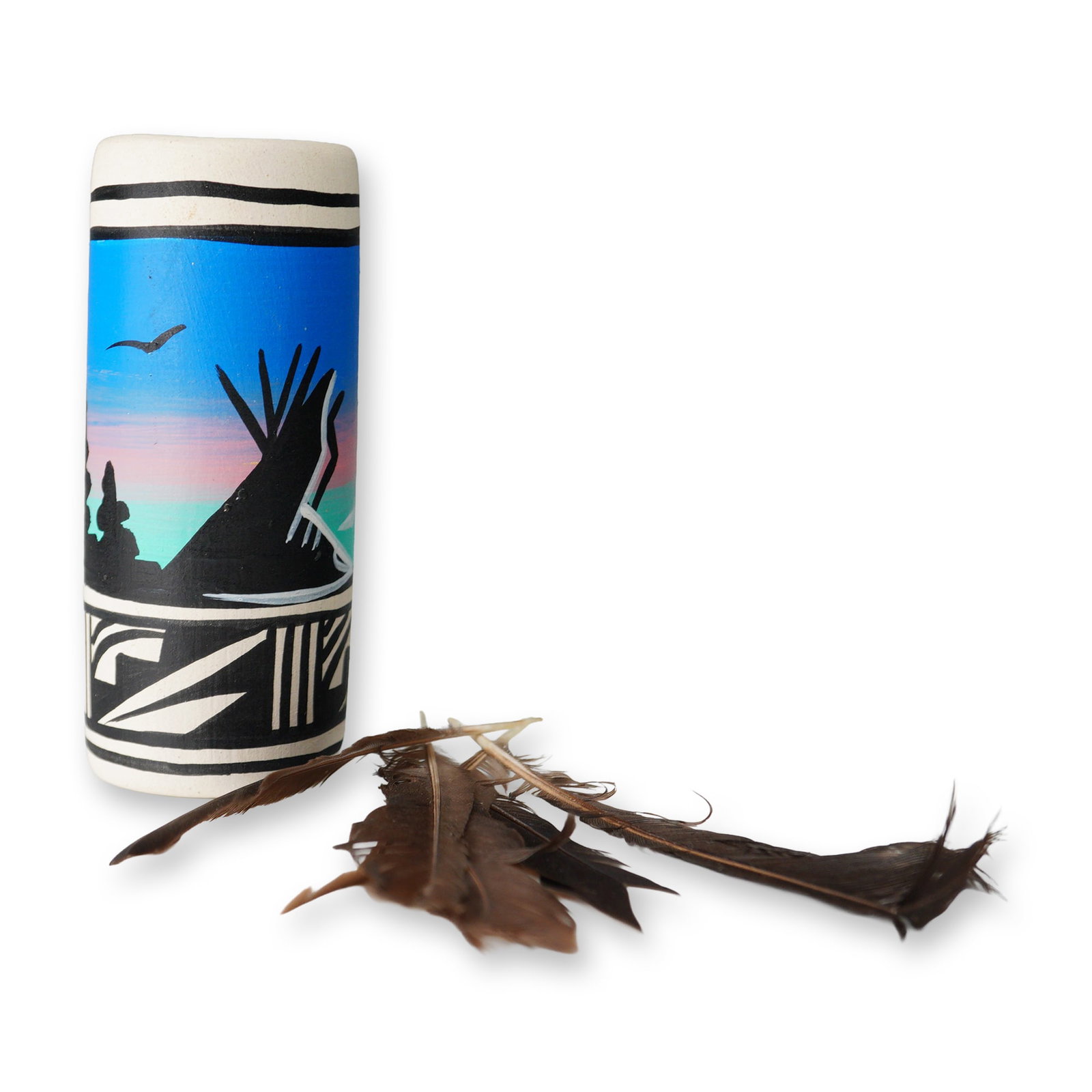 Native American Hand-Painted Feathered Pottery Vase: Hand-painted cylindrical pottery vase decorated with vivid gradient bands of blue, pink, and green, accented with bold black silhouetted scenes of tipis, riders on horseback, and soaring birds. The