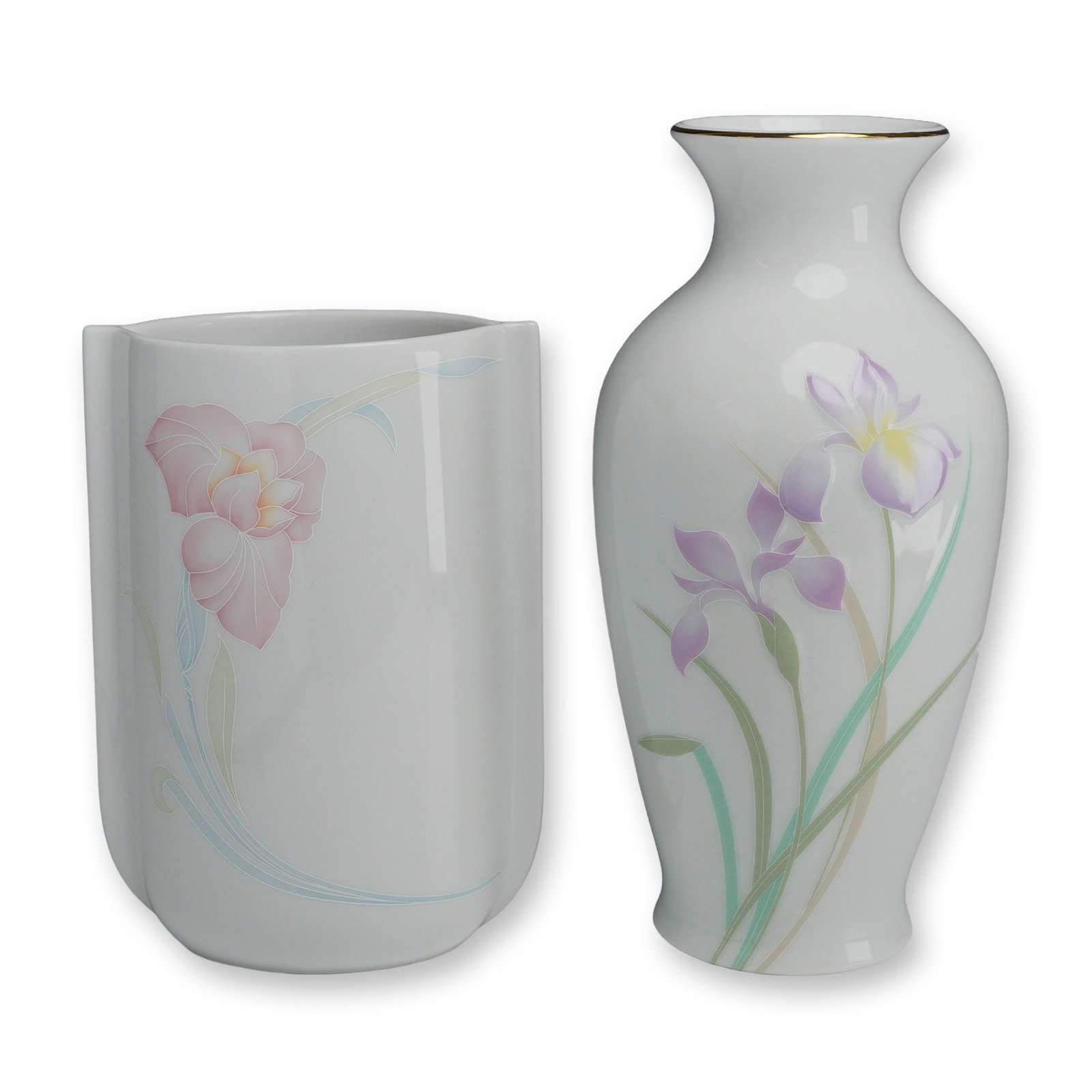 Two Seltmann Weiden and Otagiri Porcelain Iris Vases: This lot comprises two porcelain vases featuring iris floral decorations, identified by the reference vase x b2. The first vase is a Seltmann Weiden porcelain piece from Bavaria, West Germany. It