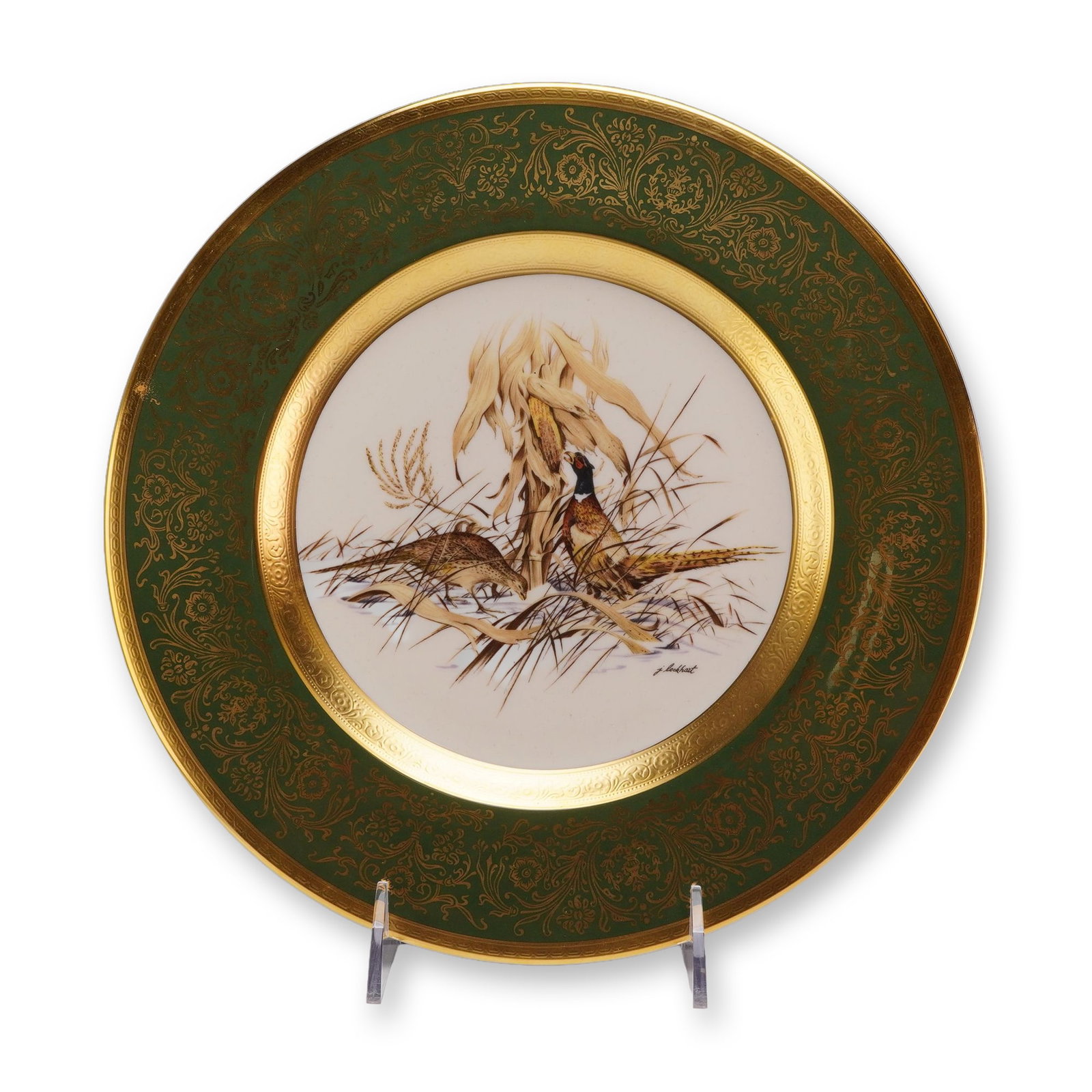 Pickard China Lockhart Birds Ring-Necked Pheasant Limited Edition Plate 1973: A circular porcelain cabinet plate from the Lockhart Birds series produced by Pickard China of Antioch, Illinois. The center features a polychrome transfer-decorated scene depicting a pair of