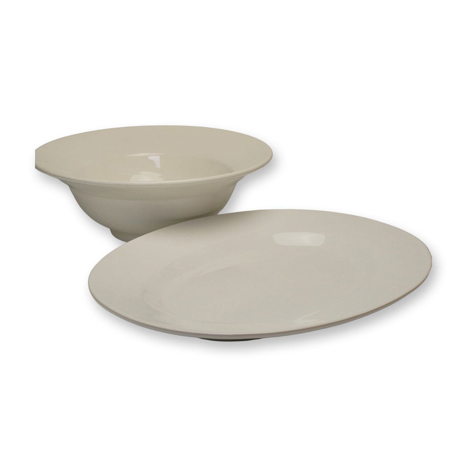 2pc The Cellar Italy & ASA Germany White Serving Platter and Bowl: The large serving bowl is from The Cellar and was made in Italy. The piece is constructed with a wide, flared rim and sits on a slightly raised foot. The underside of the bowl is marked with a stamp