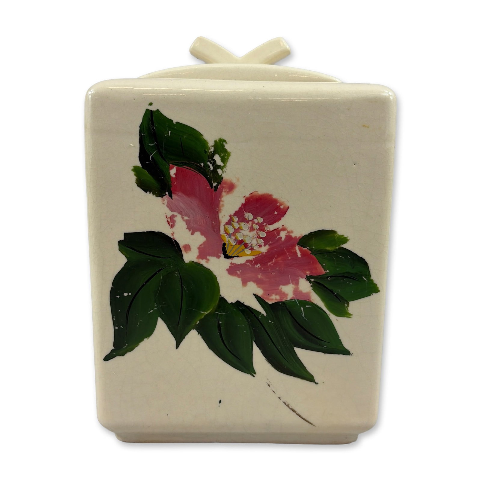 McCoy Pottery Hand Painted Floral Ceramic Cookie Jar: 1940s era ceramic cookie jar or canister by McCoy Pottery. Square tapered ironstone body with rounded corners and a matching square lid featuring a V-shaped handle. The cream-toned glossy glaze is dec