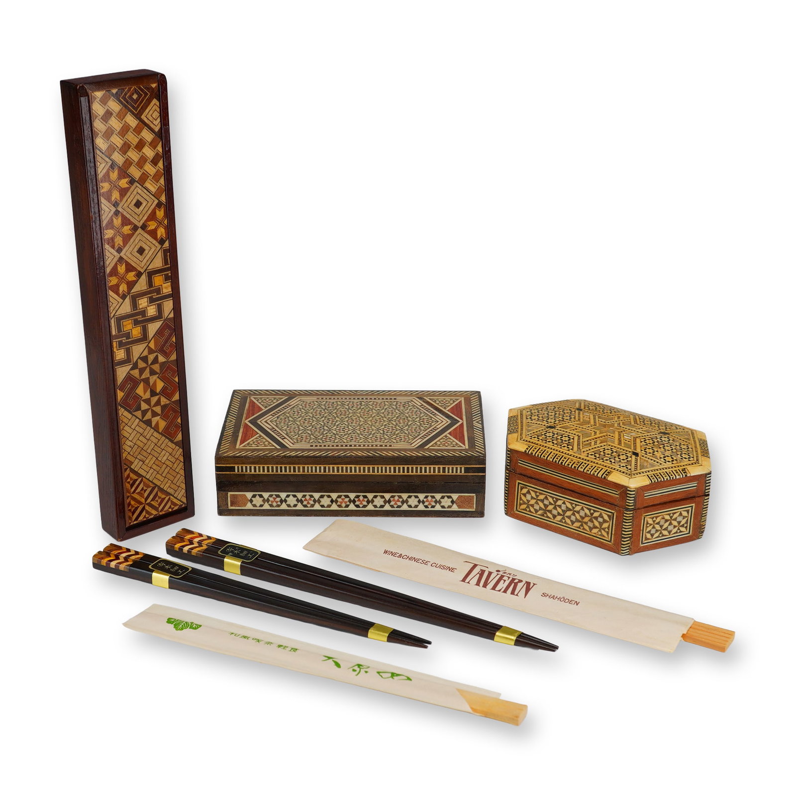 3pc Inlay Wooden Jewelry Boxes and Chopsticks Set: This three-piece group consists of decorative wooden inlay work, including a Japanese chopstick presentation set and two small mosaic-style jewelry boxes. The chopstick set includes a fitted sliding-l