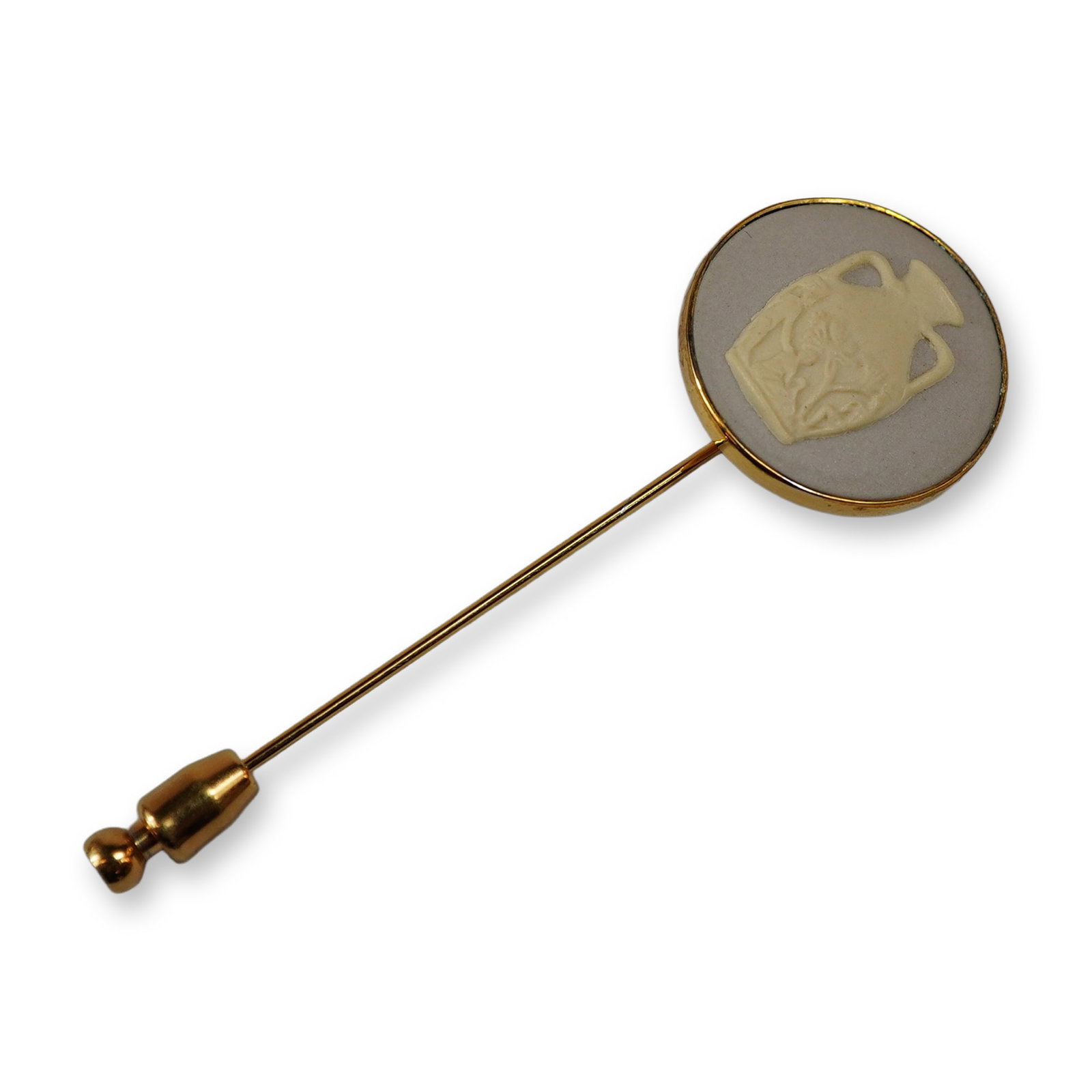 Wedgwood Grey Jasperware Amphora Stick Pin with Gold Toned Post: A vintage Wedgwood jasperware stick pin featuring a circular grey stoneware disc. The face is decorated with an applied cream-colored bas-relief depicting a classical two-handled amphora vase,