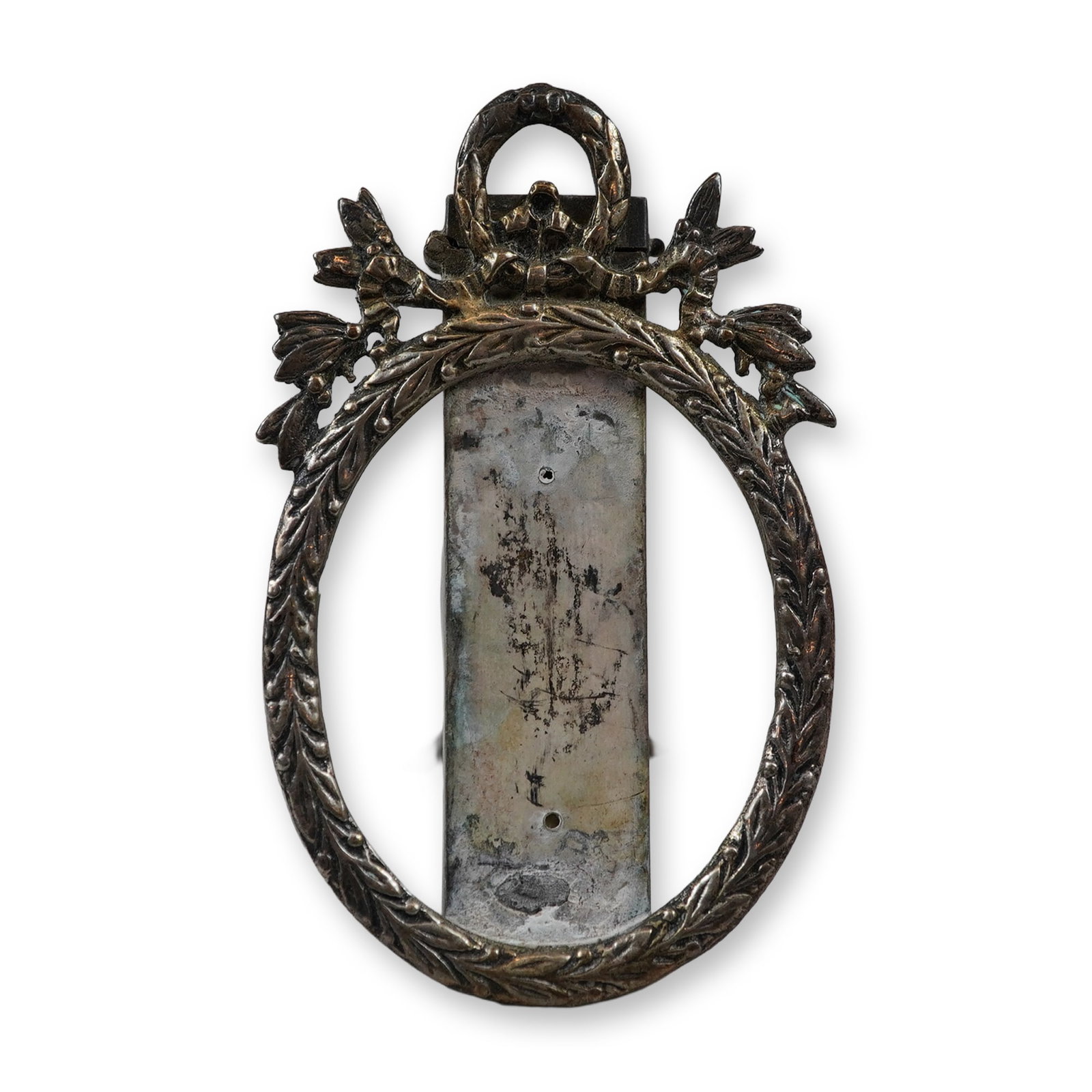 Miniature Neoclassical Style 800 Silver Easel Photo Frame: This miniature decorative picture frame is designed in the Neoclassical manner, featuring an oval aperture. The frame is constructed of 85% silver, as verified by Thermo Scientific Niton XL2 XRF