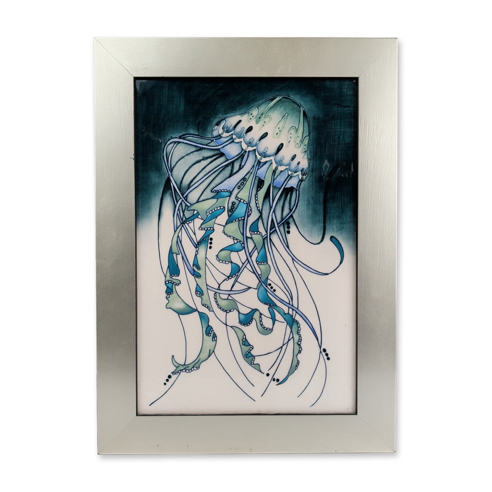 Moorcroft Pottery by Nicola Slaney Framed Tile, Jellyfish: Featuring a tube-lined design of a jellyfish with intricate scrollwork and trailing tentacles. Decorated with hand-painted glazes in a palette of blue, green, and cream tones against a graded teal and