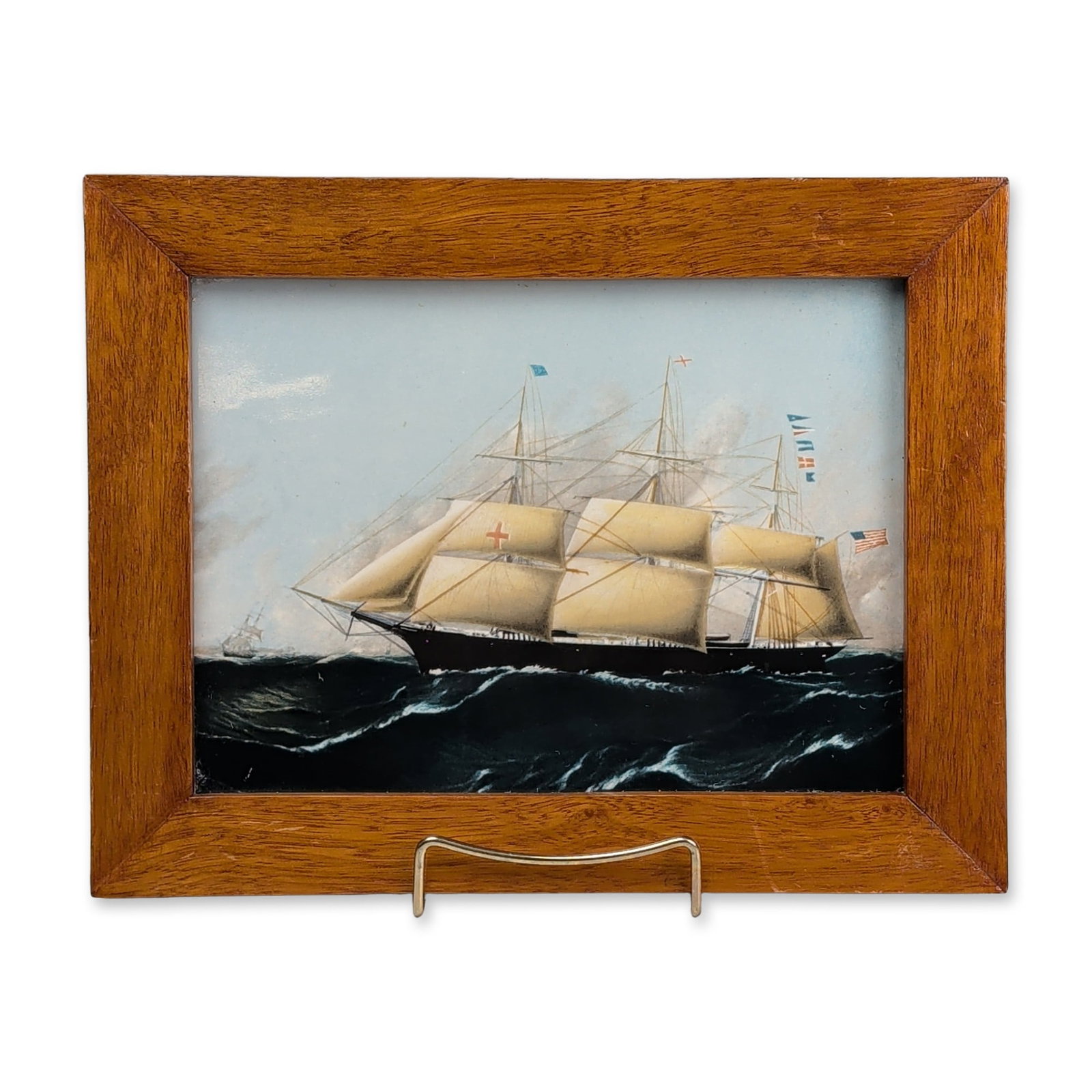 Wedgwood of Etruria & Barlaston Framed Porcelain Nautical Tile, Dreadnought: Wedgwood porcelain plaque featuring a reproduction of 'Dreadnought' by James E. Butterworth. Depicts the American clipper ship navigating heavy seas under a light sky. Mounted in a mitered wood frame 