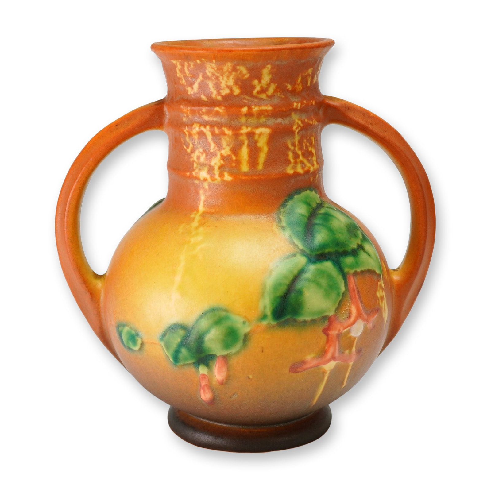 Roseville Pottery Brown Double Handled Vase, Fuchsia: Art pottery vase is in the Fuchsia pattern, introduced in 1938. The ceramic vessel features a bulbous body with a flared, ribbed neck and two integrated handles. The exterior is finished in a matte gr
