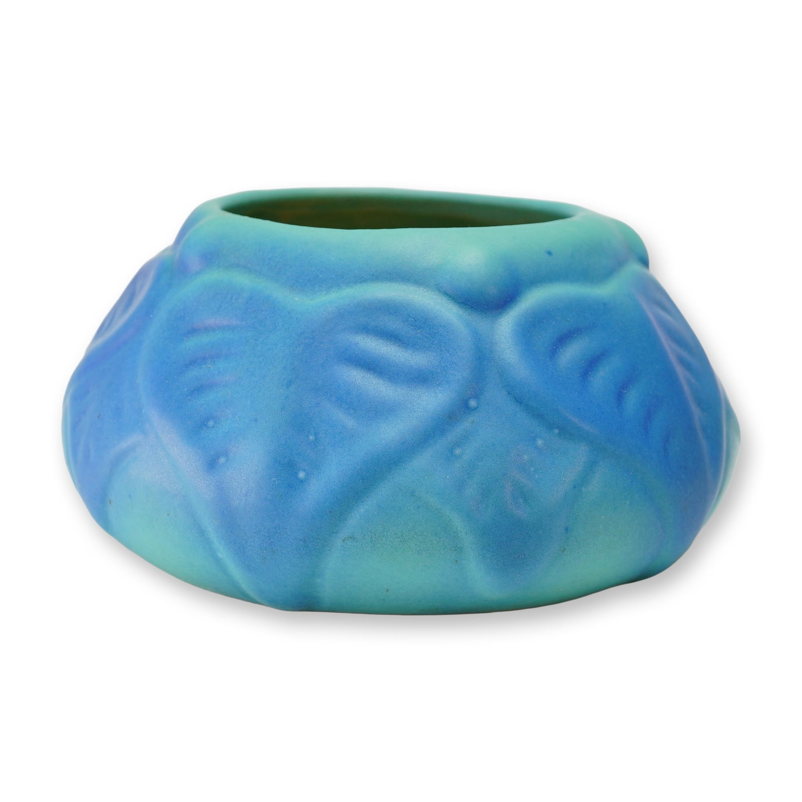 Van Briggle Art Pottery Low Tulip Bowl, Ming Blue: A Van Briggle art pottery ceramic bowl featuring a squat, bulbous form with a matte glaze in an ombre transition from deep blue to turquoise, identified as the Ming Blue finish. The exterior is decora