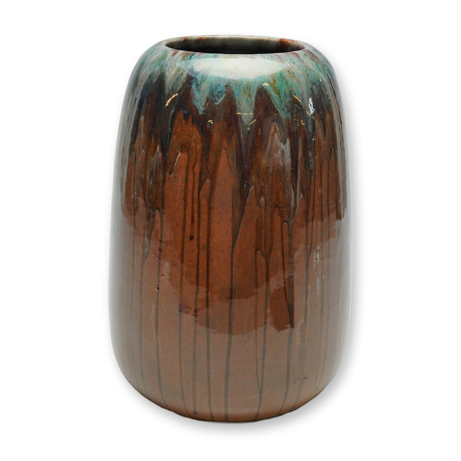 Peters and Reed Shadow Ware Vase: A Peters and Reed Shadow Ware ceramic studio pottery vase of ovoid, cylindrical form with a slightly tapered rim, dating to the 1920s Arts and Crafts period. The piece is finished in a multi-tonal dri