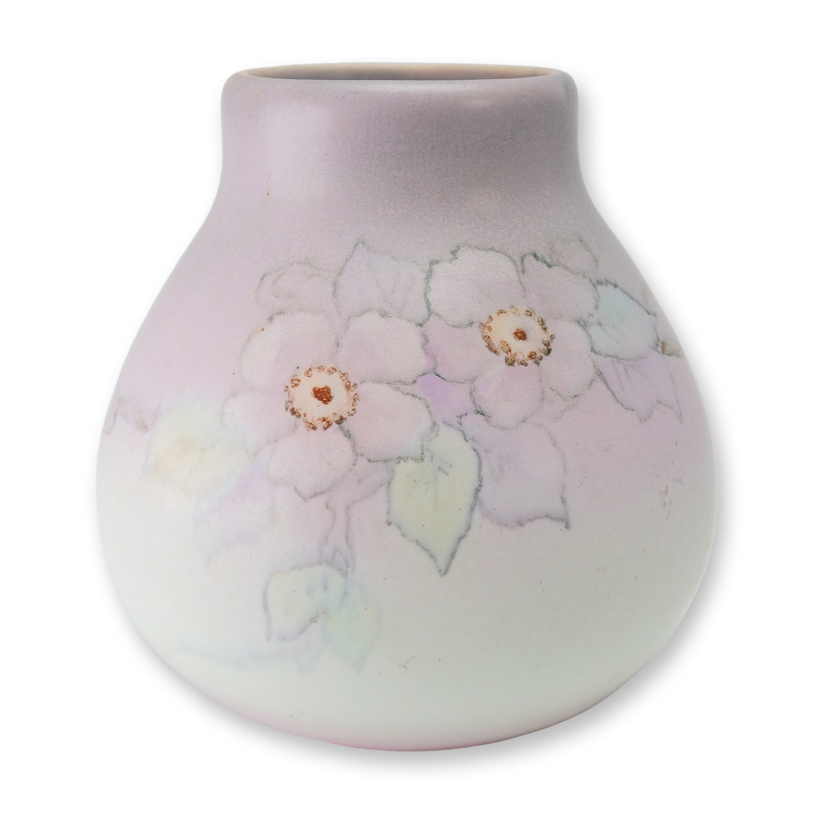 Weller Pottery Matte Glazed Floral Vase, Hudson Perfecto: Art pottery vase of bulbous form with a short neck. The ceramic body features a matte glaze with a soft color gradient transitioning from lavender at the rim to off-white at the base. The front is dec